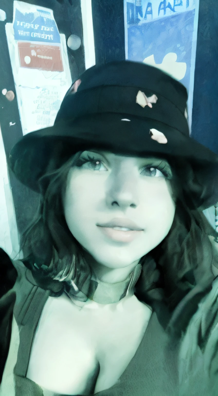 there is a woman with a hat on posing for a picture, it's wearing a cute little hat, with hat, wearing a cute hat, wearing a chocker and cute hat, she is wearing a hat, with a weird hat, alanis guillen, wears a destroyed hat, taken in the early 2020s, desaturated!!