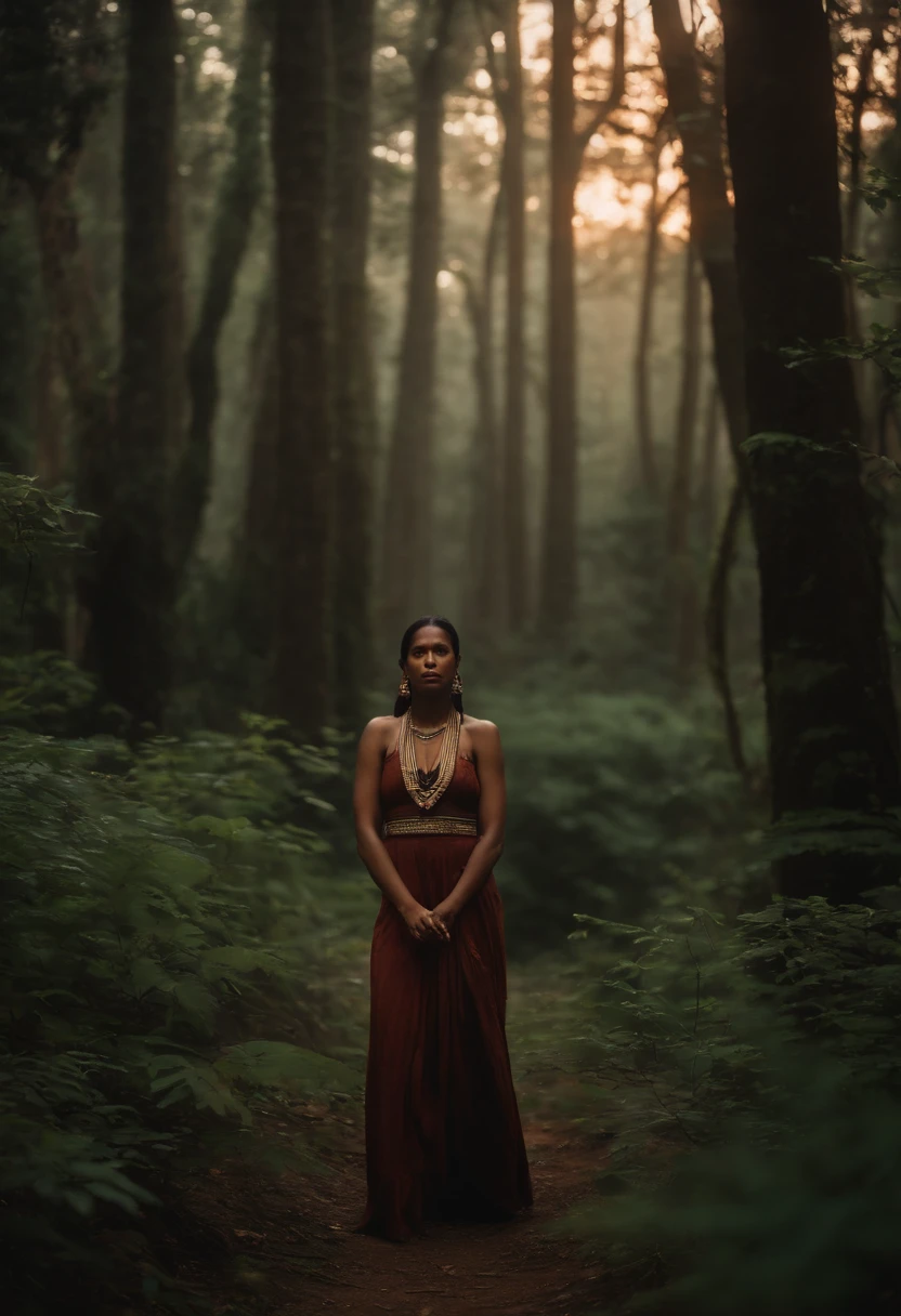 In the heart of the forest there was an indigenous tribe that had harmony with nature, Gloomy lighting at dusk 8K