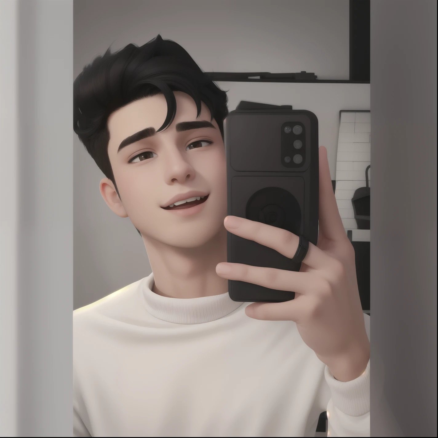 A young man of 20 years old, with black disheveled hair, cute face, boxy face, and brown eyes, wearing white turtleneck.