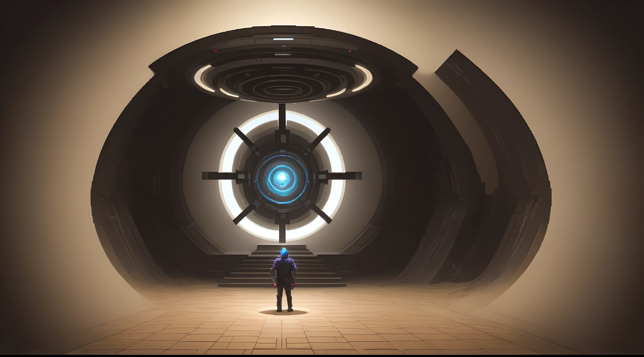 there is a man standing in front of a giant circular structure, concept art by Ludwik Konarzewski Jr, cgsociety contest winner, conceptual art, high quality digital concept art, symmetric concept art, concept art futuristic norse, portal into anotheer dimension, dimensional portal, mystical sci-fi concept art, concept art | dyson, dark dimension portal