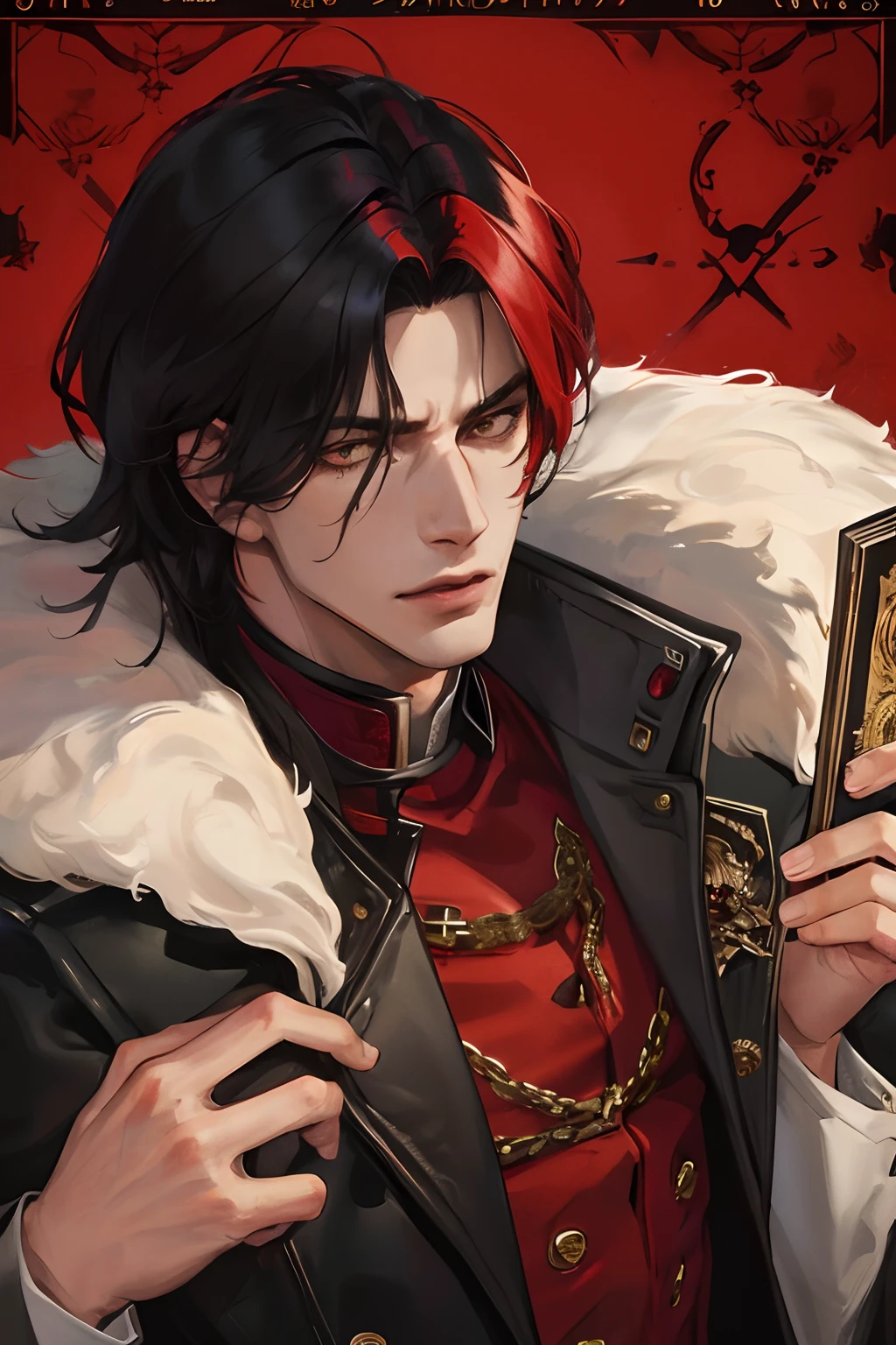 cover for a book, photography of a demon sexy man, a solo man, (((man))), (masculine face), 25 years old, demon, bad boy, (gold eyes), expressive look, red fire hair, (((dark background))), shine hair, unshaven, black suit, long sleve jacket, super detailed face, perfect body, perfect shapes, realistic image, award winning photography, 8k,
