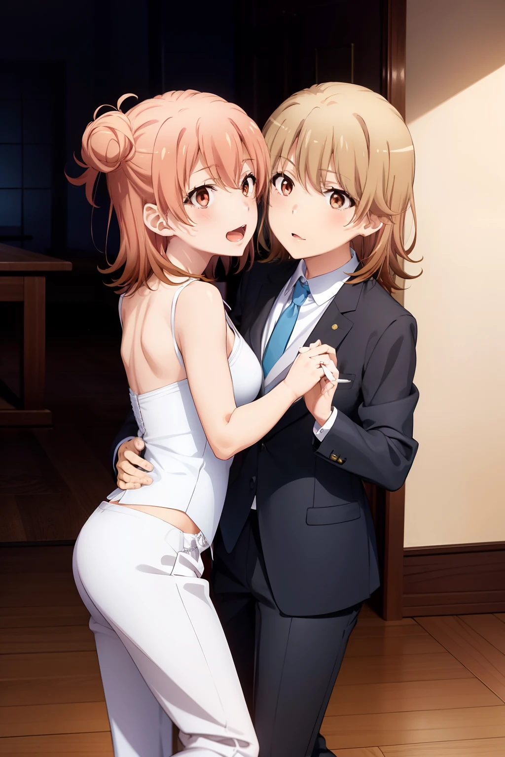 2 girls, Yuri, Irohaha marries his wife Yui, iroha wearing a tuxedo suit and pants , Yui wears the bride's dress, Lesbian