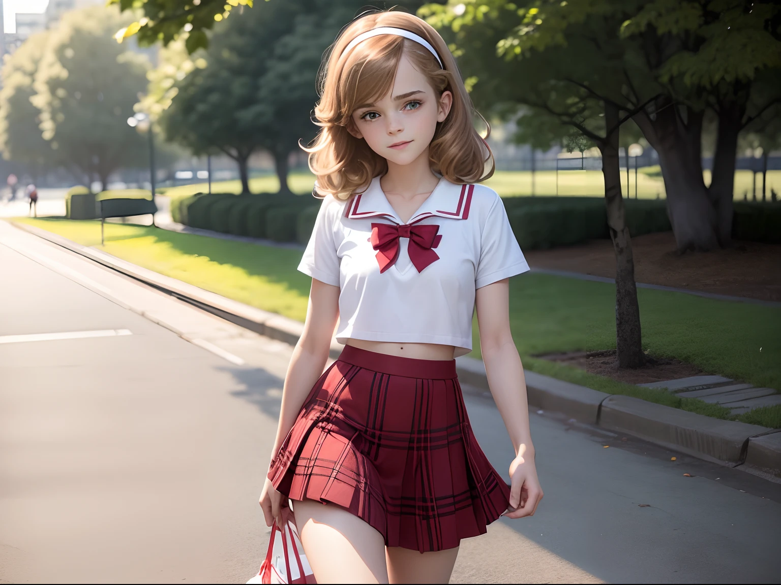 tween Emma Watson in a wearing a high school uniform, shaggy hair, cute smile, white plimsoles. slender body. day. small chest, small boobs, walking in the park. honeybee, White-black-red colour scheme, White headband, red plaid skirt