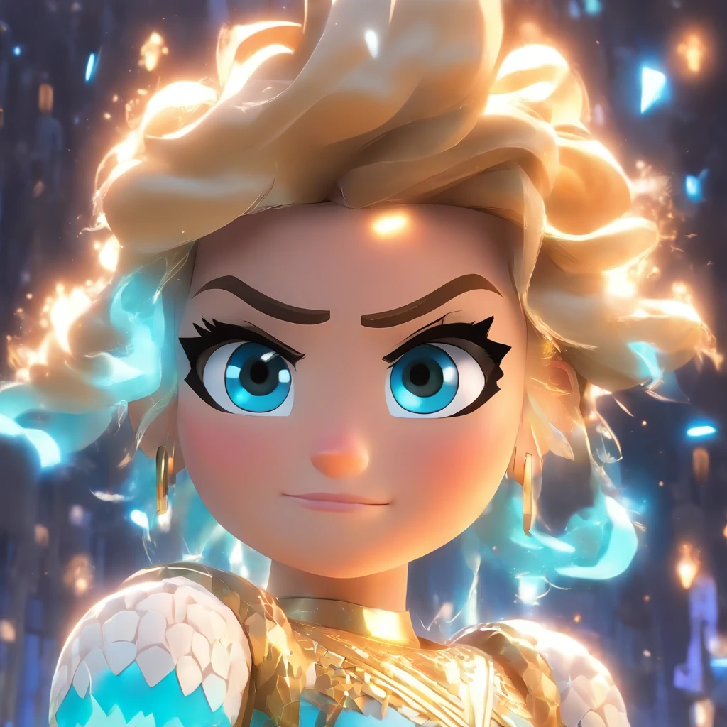 (Estilo pixar) Deusa loira, cabelos grandes e ondulados, olhos azul como o mar, vestido branco com dourado, Modelo de personagem em miniatura, fonte de luzes amarelas e brancas da direita para a esquerda, rum lighting, fonte de brilho, ( ISO Distance Vision), ( de cima para baixo), realistic proportions, Post-processing, ( perspectiva ortogonal), super detalhes, realistica, super realistico, Minecraft : Deusa feminina Magica.