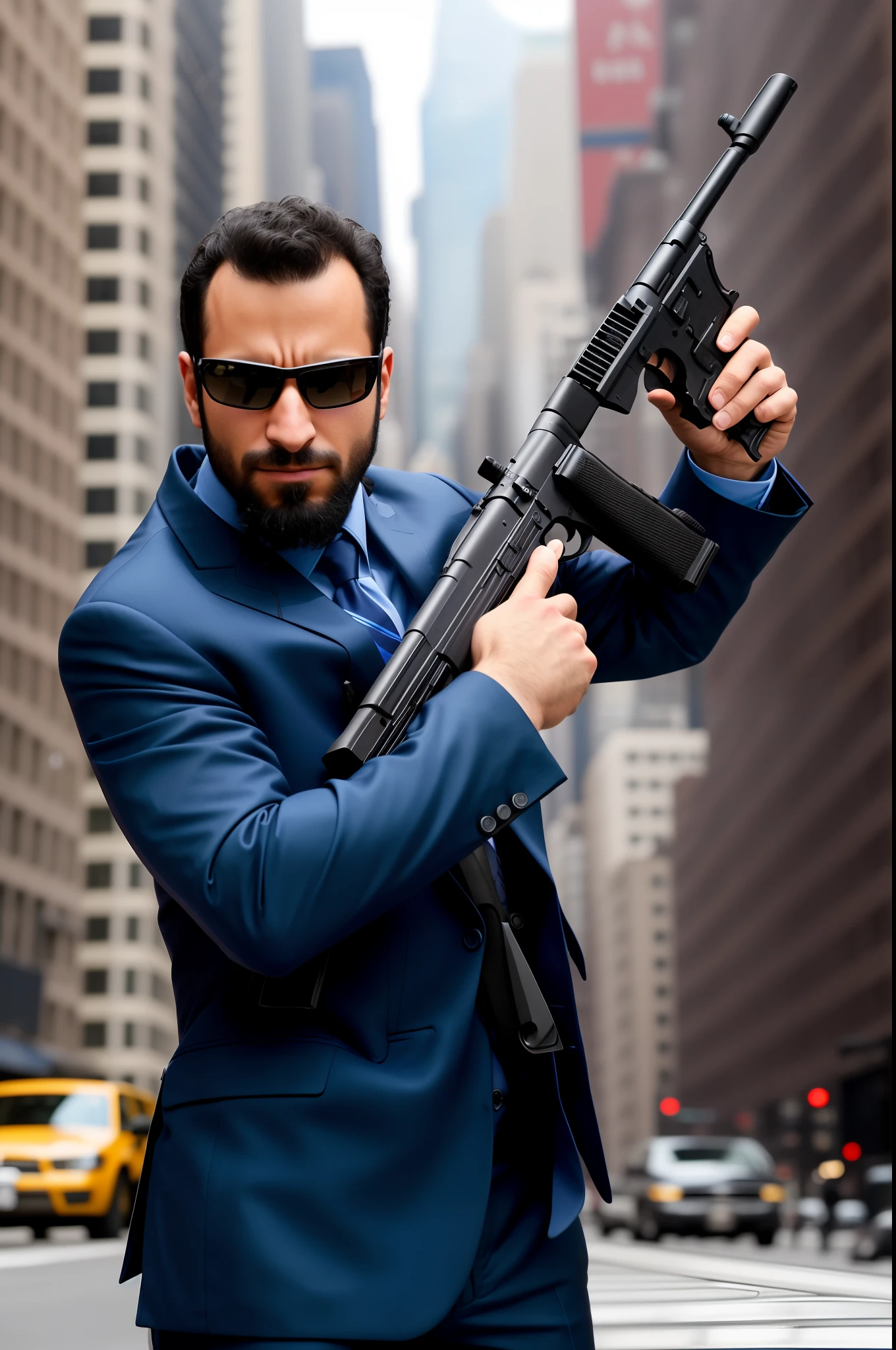 arafed man in a suit holding a gun and sunglasses, man is carrying a rifle, carrying a gun, man with a gun, with machine gun in hands, tommy gun, carrying a machine gun, dramatic wielding gun pose, holding rifle, new york city street backdrop