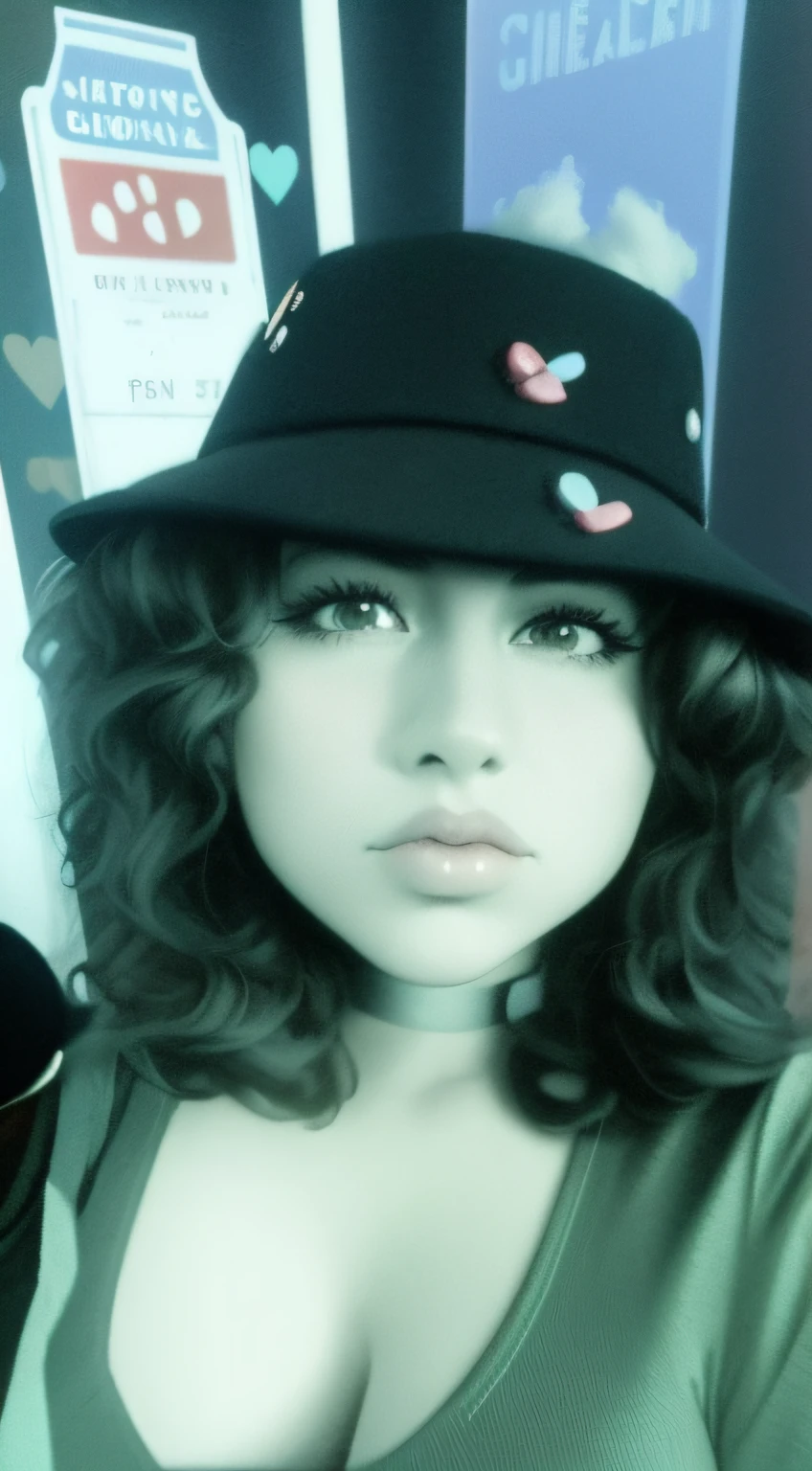 there is a woman with a hat on posing for a picture, it's wearing a cute little hat, with hat, wearing a cute hat, wearing a chocker and cute hat, she is wearing a hat, with a weird hat, alanis guillen, wears a destroyed hat, taken in the early 2020s, desaturated!!