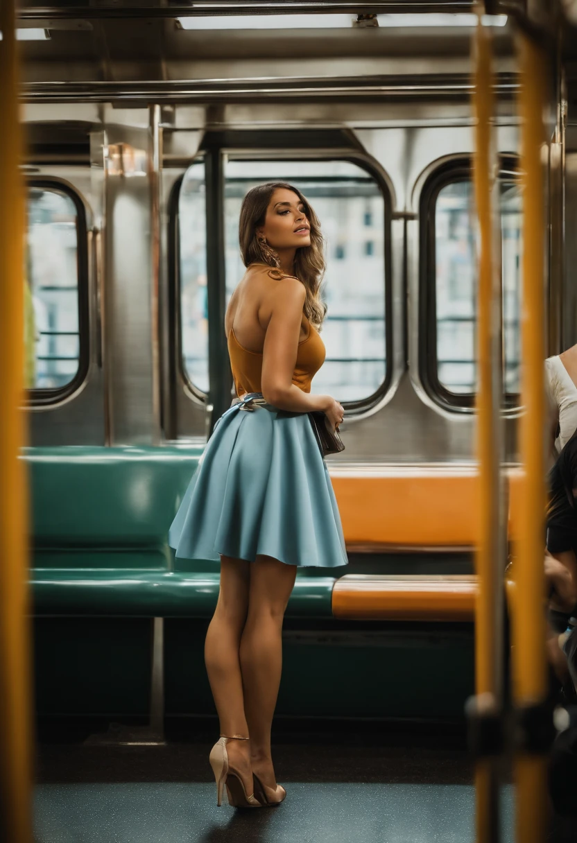 (Qualidade Superior, master part), Riding the subway, Beautiful girl, foto atraente da mulher, uma , Beautiful, beautiful legs, Rosto ultra-detalhado, Detailed lips, olhos finos, double eyelids, (sexual excitement: 1.5)), trem lotado, Miniskirt swinging up, (cabelo loiro com olhos azuis de uma meninaatamente enrolado com pernas abertas), pernas totalmente abertas de belos seios ,Duro , ( Mini Saia Redonda Swing Sexy: 1.3), (camisa aberta: 1.3),
