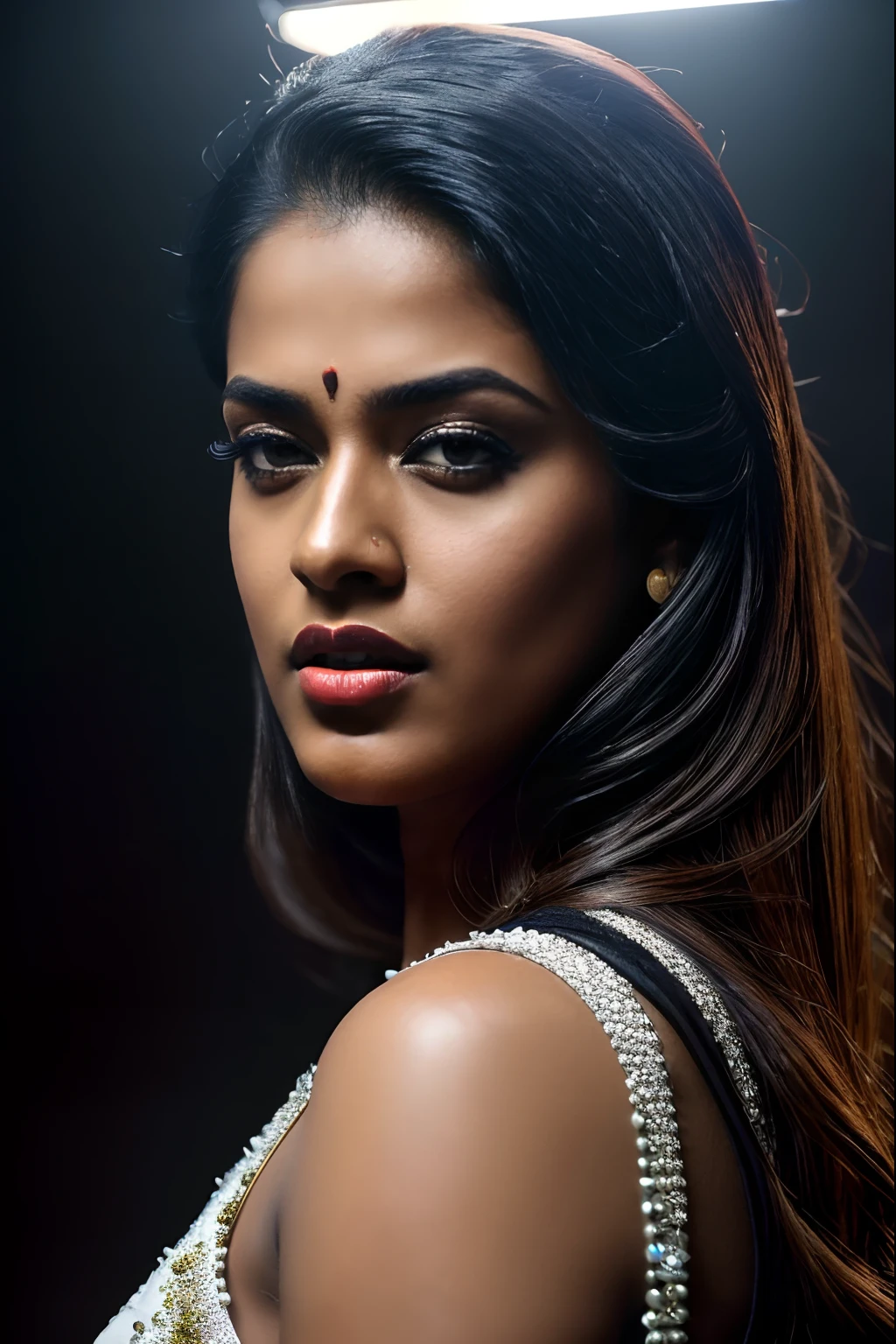 (editorial photograph of an Indian actress nia sharma,  energetic, 21 y.o. female), (wearing worn out clothes, detailed:1.3), ( natural big lips, highly detailed face:1.4), (background inside dark, moody, private study, studio lights:1.3), (8k, uhd, dslr, high quality, cinematic lighting, bokeh), (dramatic, award winning photography, incredible masterpiece:1.3) (strong depth of field), dark orange lips, nia sharma Hindi Actress(model), pale white skin, fair glowing skin,