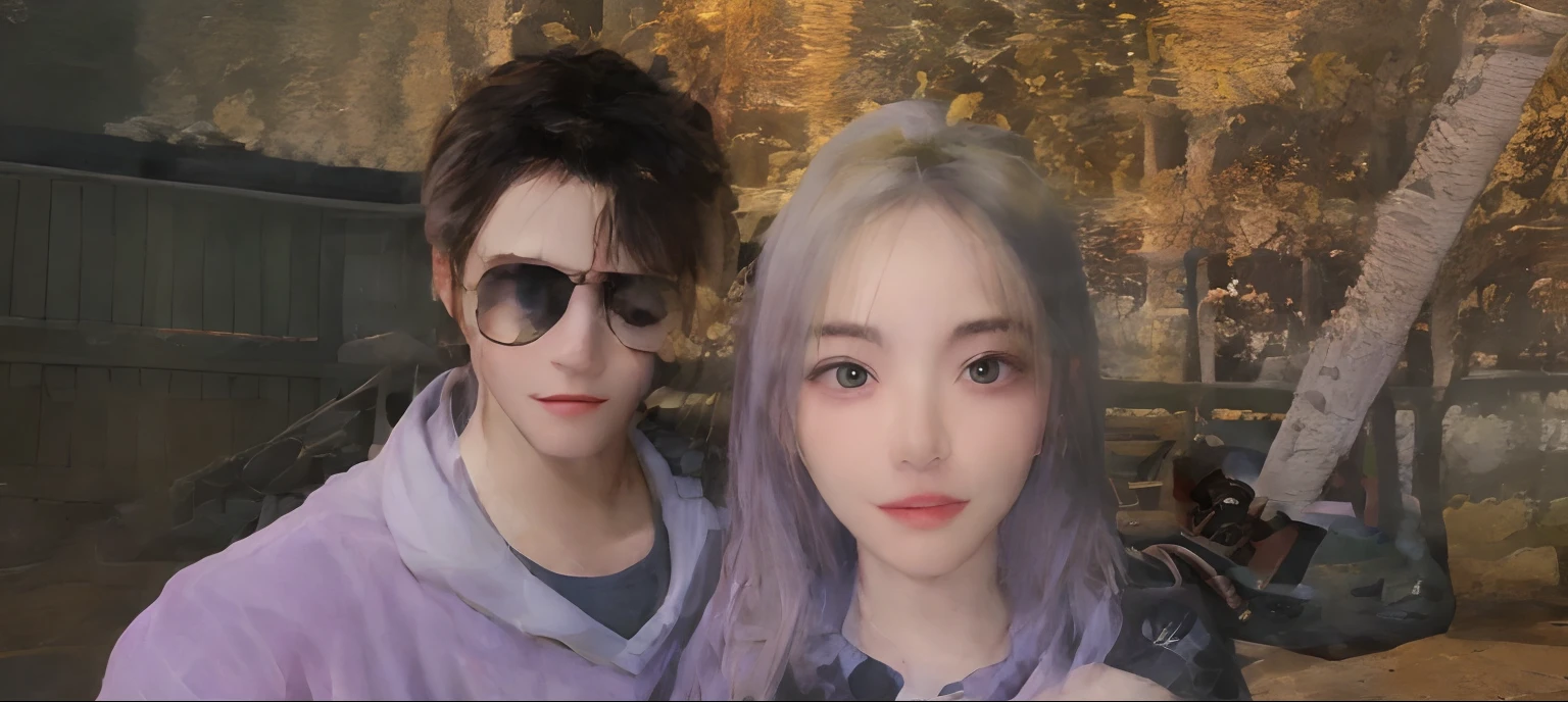 1 boy with glasses, purple hoodie. 1 girl with purple hair
