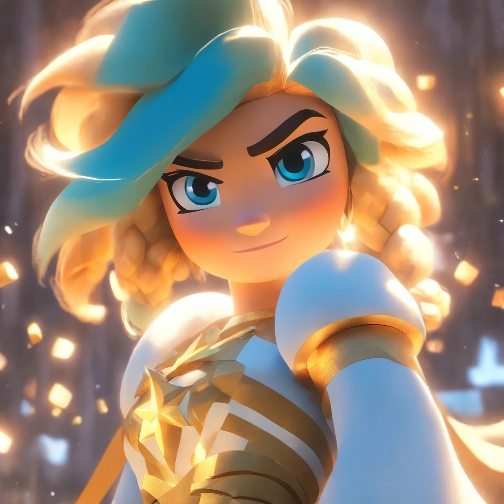 (Estilo pixar) Deusa loira, cabelos longos e ondulados, olhos azul como o mar, vestido branco com dourado, mostrando ela de corpo todo, Modelo de personagem em miniatura, fonte de luzes amarelas e brancas da direita para a esquerda, rum lighting, fonte de brilho, ( ISO Distance Vision), ( de cima para baixo), realistic proportions, Post-processing, ( perspectiva ortogonal), super detalhes, realistica, super realistico, Minecraft : Deusa feminina Magica.