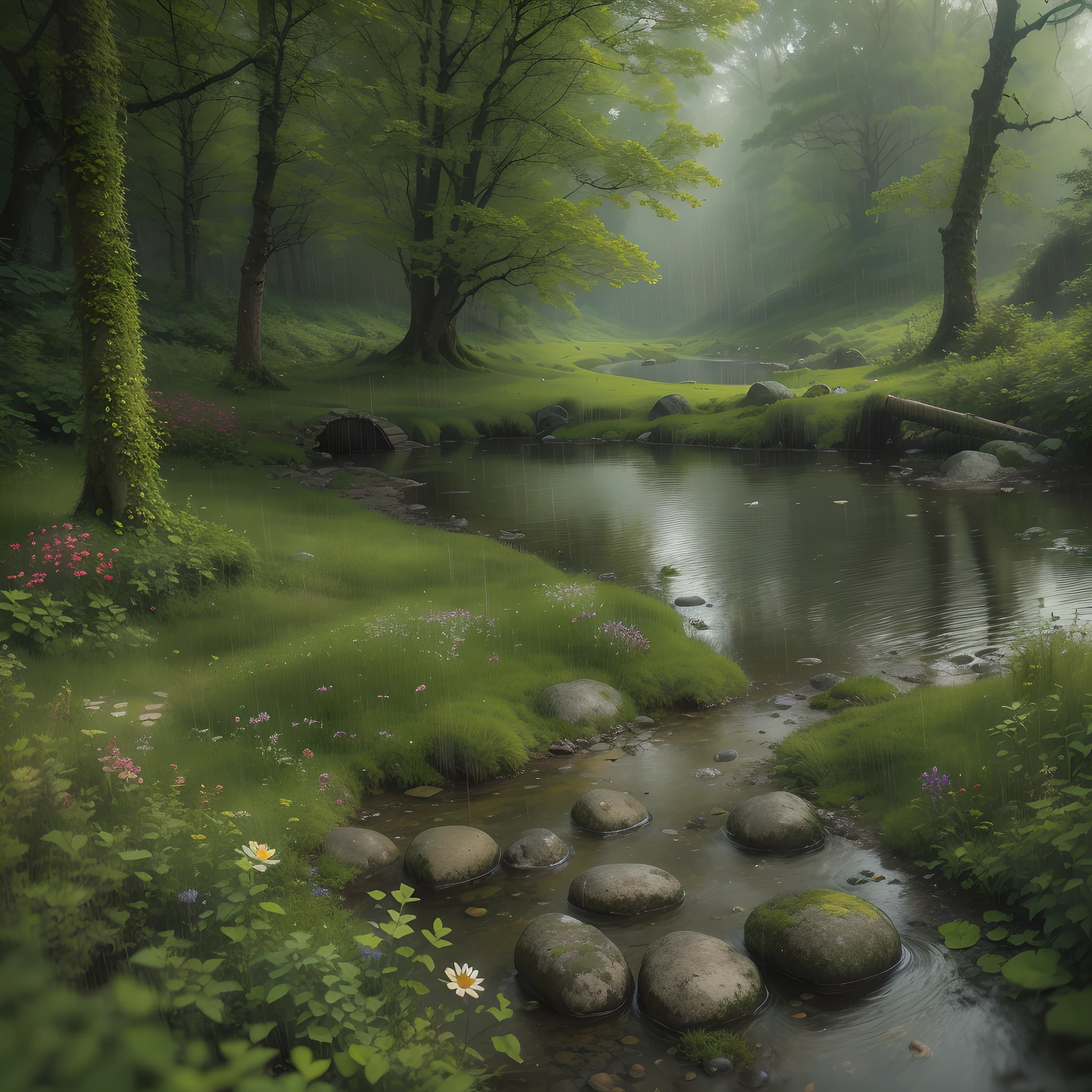 (best quality)), (it's raining heavily) (photo with no people), in the forest, quiet pond, wildflowers by the water, creek, stones, moss, farmland
