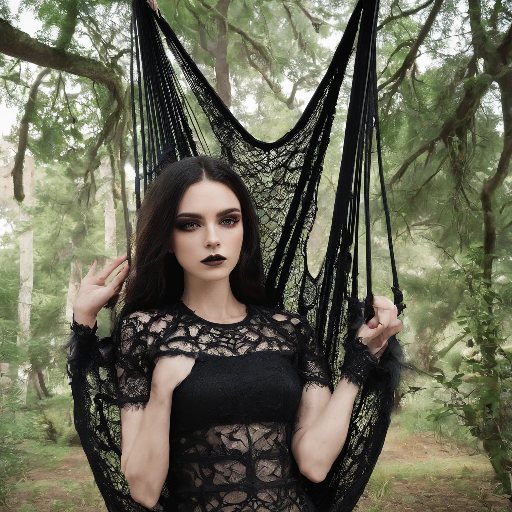 Girl with symbolic clothes of gothic hammock, 。.com (Arame farpado do corpo) cabelos morenos,Extremidades dos cabelos grisalhos