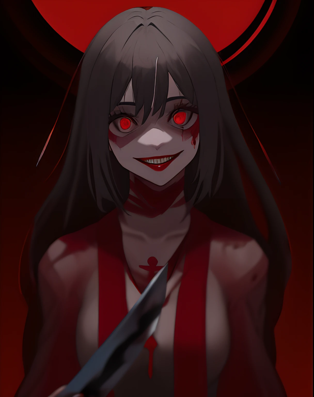 obra-prima, melhor qualidade, yameroyandere, sorriso louco, olhos loucos, yandere, fundo vermelho,with a knife in hand,sangue no rosto
