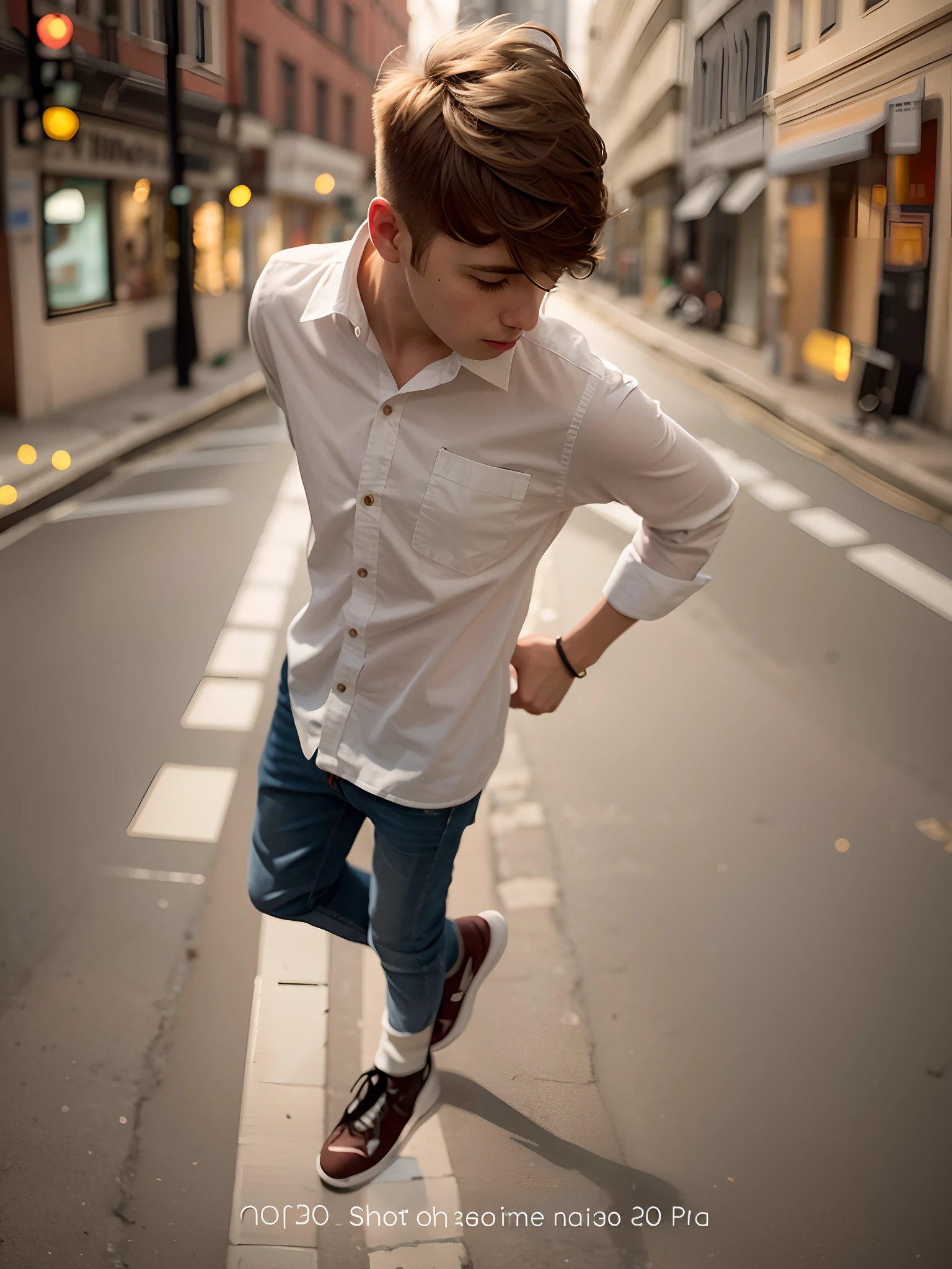 A boy pulling on the hem of his jeans.
