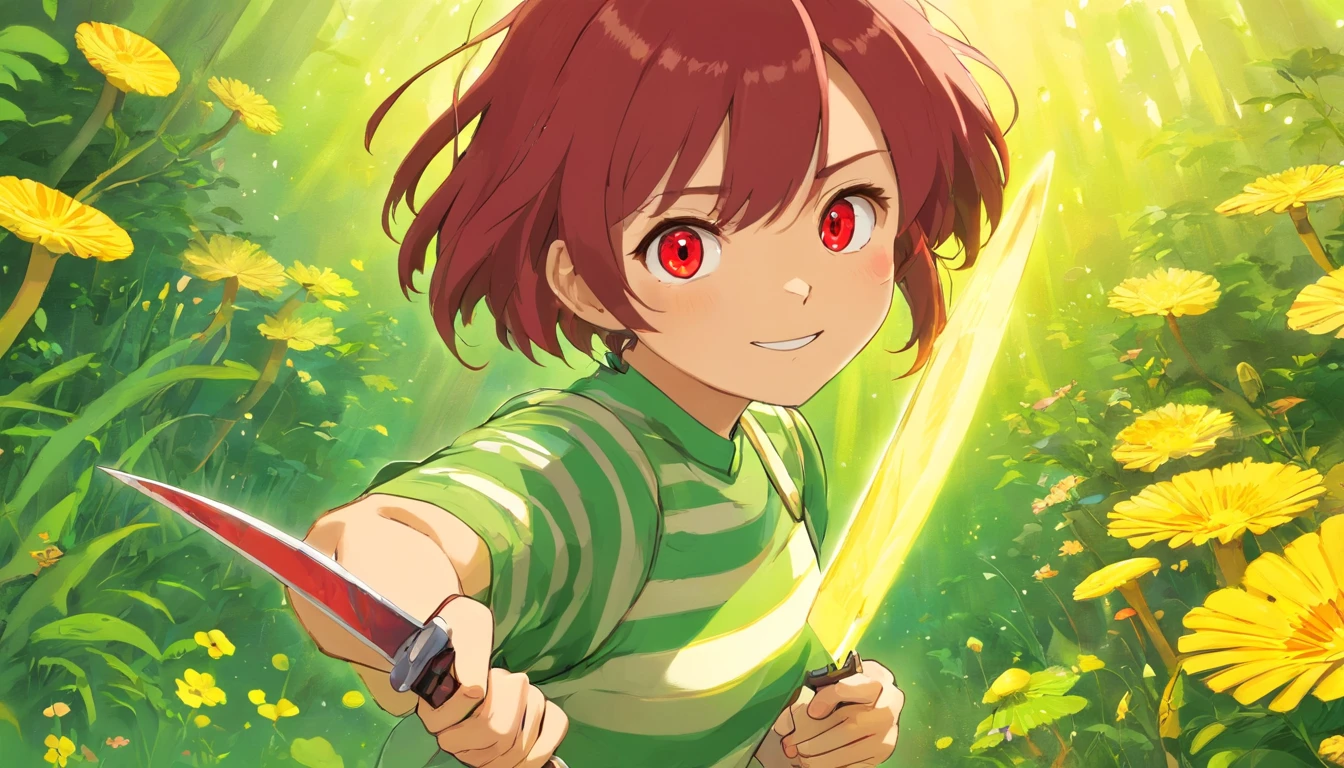 red eyes, Girl, holding a knife, Yellow-green striped shirt with thicker stripes, red-eyes, glowing red, tilt of head, mushroom head with short brown hair, With a clear smile on his face, Chara, two-dimensional, standing among golden flowers with a beam of light above your head