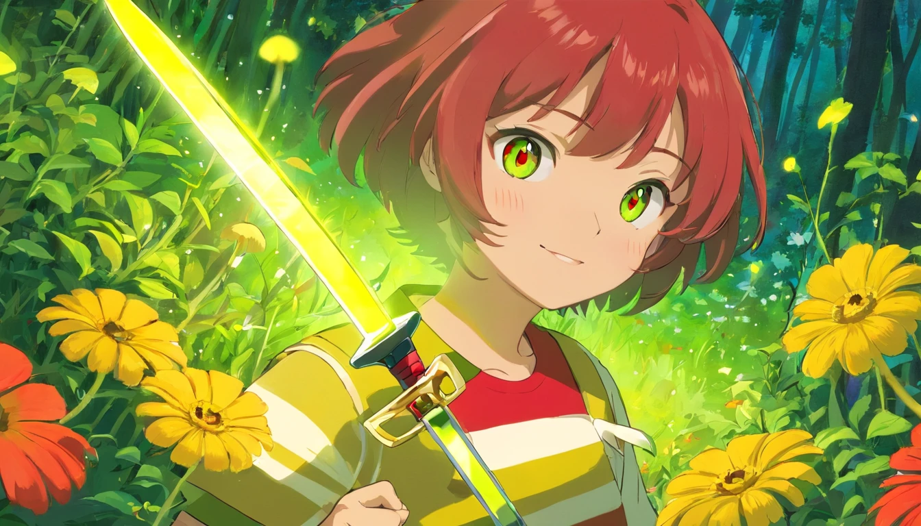 red eyes, Girl, holding a knife, Yellow-green striped shirt with thicker stripes, red-eyes, glowing red, tilt of head, mushroom head with short brown hair, With a clear smile on his face, Chara, two-dimensional, standing among golden flowers with a beam of light above your head