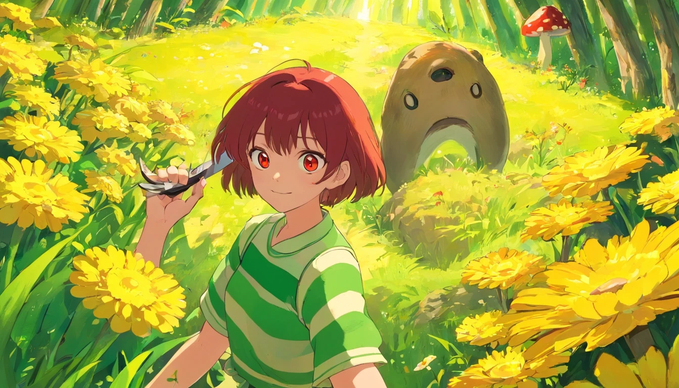 red eyes, Girl, holding a knife, Yellow-green striped shirt with thicker stripes, red-eyes, glowing red, tilt of head, mushroom head with short brown hair, With a clear smile on his face, Chara, two-dimensional, standing among golden flowers with a beam of light above your head