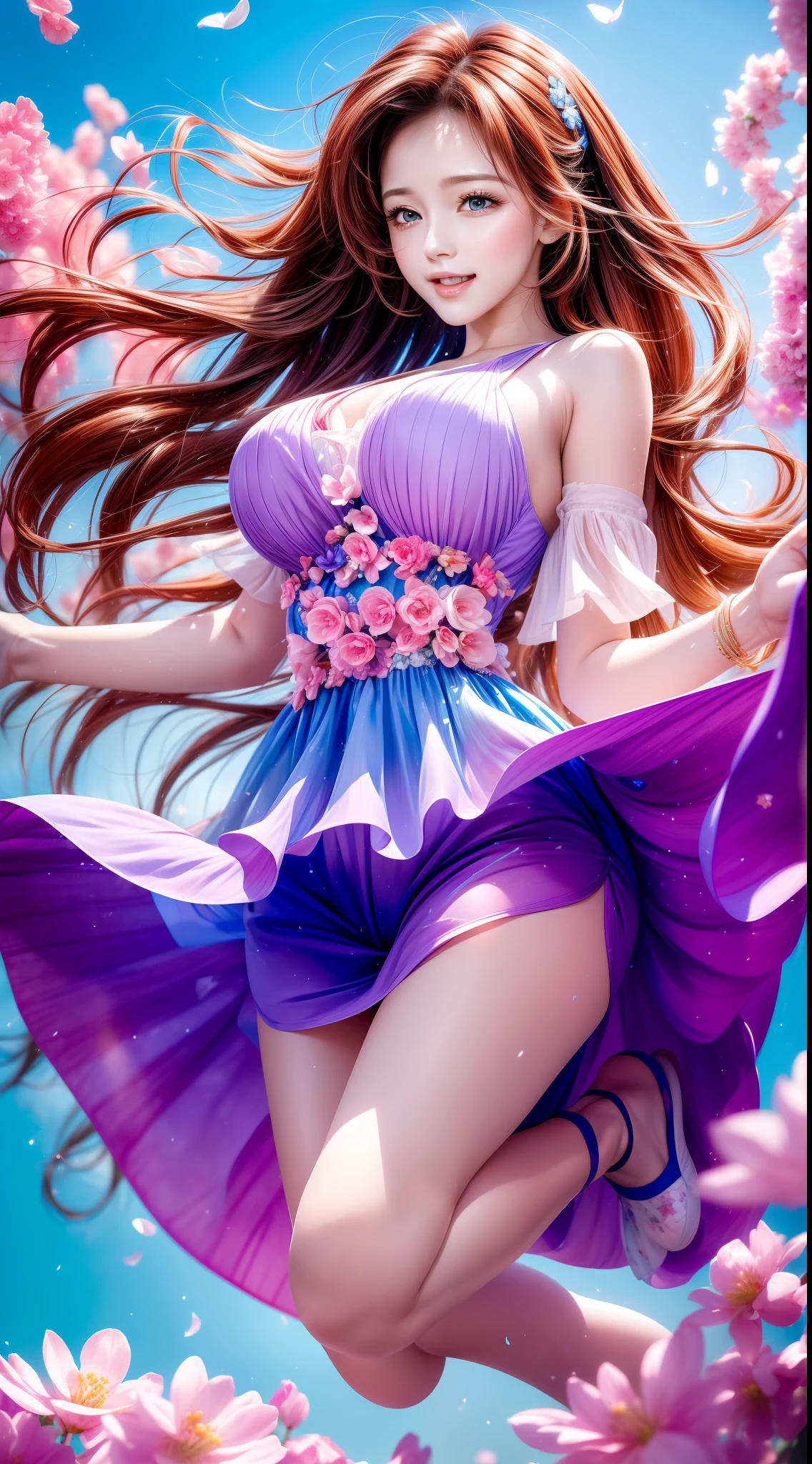 (Best quality,high resolution,Ultra-detailed:1.2), Beautiful blue to red gradient wavy curls fluttering in the breeze, Close-up of a woman jumping high, Vibrant flowers fill the background in a park-like setting, Cinematic style shooting.