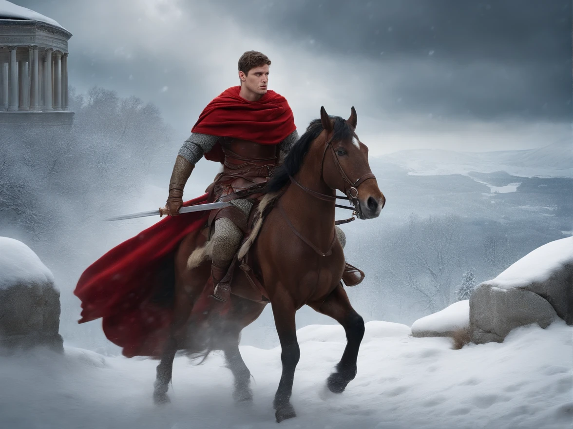 A young full-bodied Gallic warrior (Como Alix de Jacques Martin) with the sword on the ground, after fighting several Roman soldiers with red capes on their backs on a snowy background, com um general romano a assistir no seu cavalo