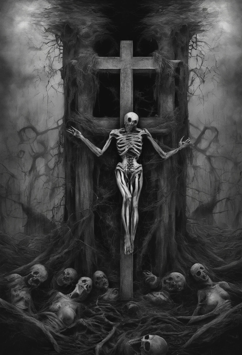 create this image in black and white and as if it were a horror movie Sister Ines with her organs exposed at the foot of the cross