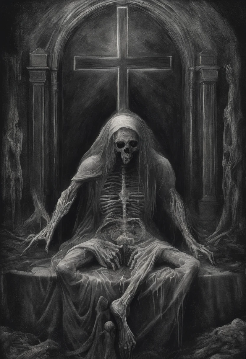create this image in black and white and as if it were a horror movie Sister Ines with her organs exposed at the foot of the cross