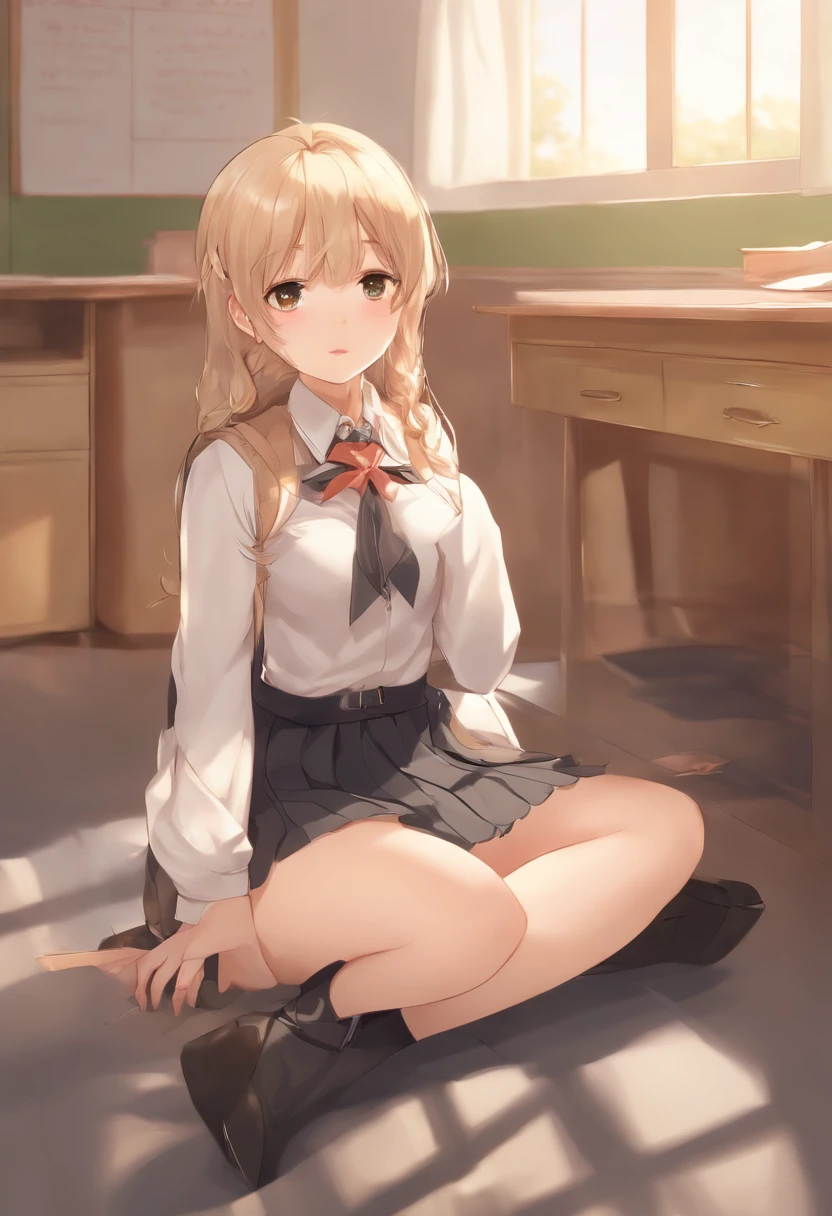 ((masterpiece)),((best quality)),absurdres,, 1girl, 1boy, squatting cowgirl position, pov, school uniform, exposed panties, , (classroom:1.1), sunlight, ,  (half-closed eyes:0.4), (parted lips:1.4), (nose blush:1.2), light smile, (nervous),
