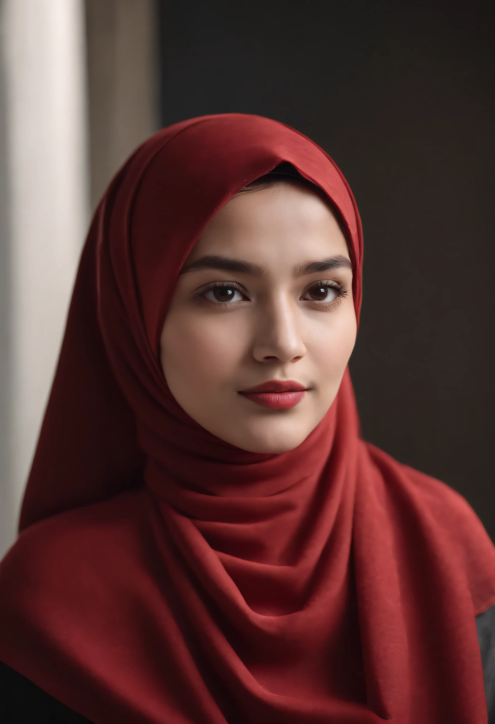 Photo portrait of a beautiful Bandung girl wearing a hijab and dimples, around , (plain red hijab), (portrait medium shot:1.3), dramatic light, Rembrandt lighting scheme, (hyperrealism:1.2), (8K UHD: 1.2), ( photorealistic:1.2), shot with Canon EOS 5D Mark IV, facial detail, skin texture detail. sitting on the chair reading a book