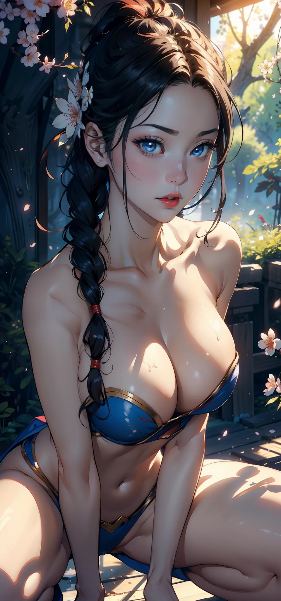 1female，35yo，A MILF，Bigchest， 独奏，（Background with：Cherry blossom forest，ln the forest，Ground area water） She has short wood-colored hair，Twist braids，seen from the front， hair straight，，（（（tmasterpiece），（Very detailed CG unity 8K wallpaper），best qualtiy，cinmatic lighting，detailed back ground，beatiful detailed eyes，Bright pupils，Blue eyes，Snow-whiteskin，Redlip（Very fine and beautiful），（Beautiful and detailed eye description），ultra - detailed，tmasterpiece，））facing at camera，A high resolution，ultra - detailed），revealing breasts，Bare genitalia，  Bulge，Squat down to urinate，legs are open，Bare genitalia，with no underpants，Raised sexy，Camel toes，Flushed complexion，Desire for dissatisfaction，frontage，，Supergirl，Superman uniform，Bare genitalia，Bare