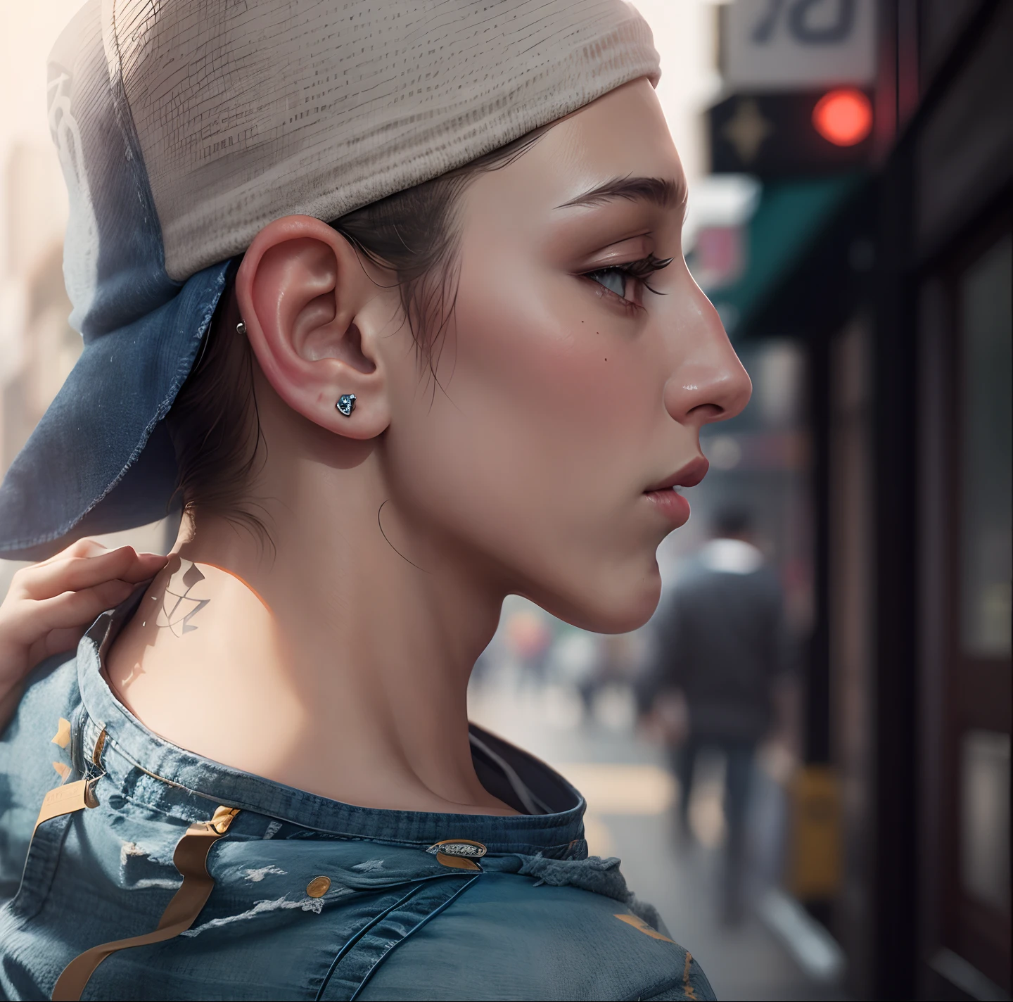 A rape star in New York street, tops in ear, best background, tattoo, jeans jacket,