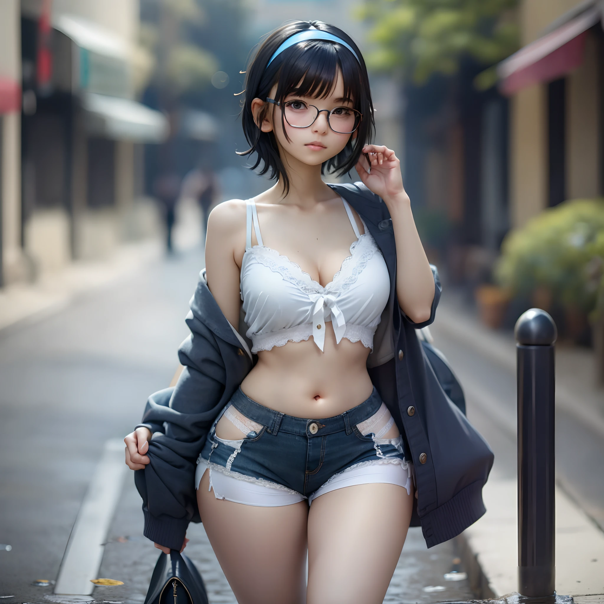 1 girl, short dark blue hair, white headband, medium breasts, big hips, beautiful legs, perfectly detailed, she wears an unbuttoned mini shorts showing her underwear a little, a damp white short shirt slightly unbuttoned, dark glasses, she is a shy girl but at the same time, she walks down the street --auto --s2