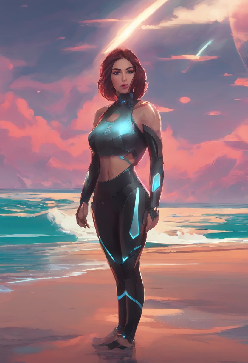 professional, (4k photo:1.1) by (Jeremy Lipking:0.3), (Dittmann Anna:0.3), (Arian Mark:0.3), (Sharp focus:1.3), high detail, wearing (yoga pants and low-cut:1.2), beautiful detailed face, hazel eyes, short dark hair, cyborg leggings, (attractive young woman:1.3), (seductive:1.1), (blushing:1.1), hourglass body shape, small round breasts, wide hips, in background sea , big boobs