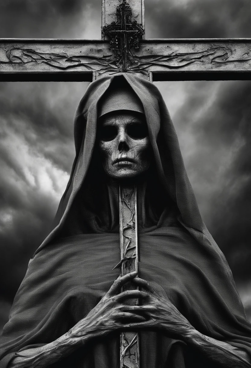 create this image in black and white and as if it were a horror movie nun with her organs exposed at the foot of the cross