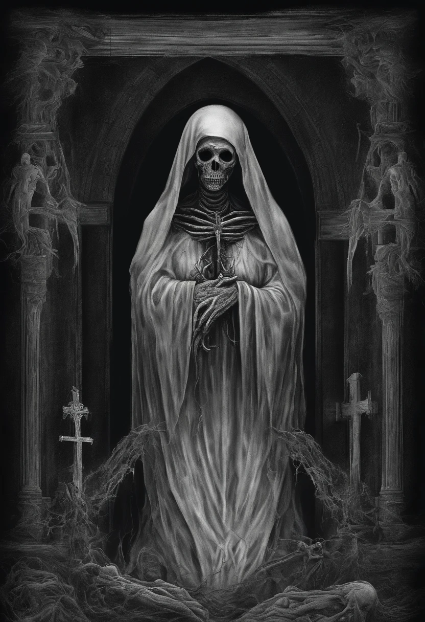 create this image in black and white and as if it were a horror movie nun with her organs exposed at the foot of the cross