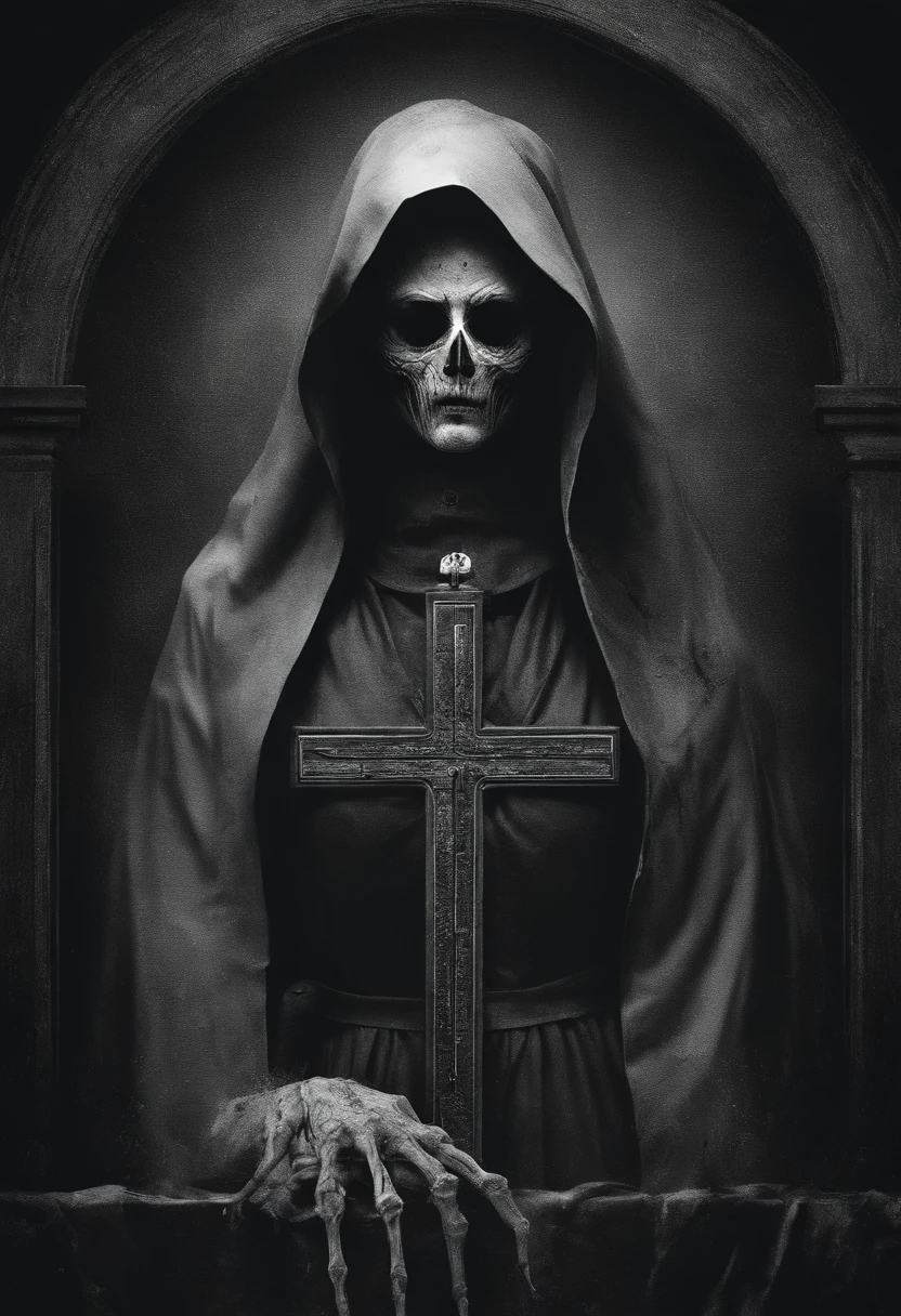 create this image in black and white and as if it were a horror movie nun with her organs exposed at the foot of the cross