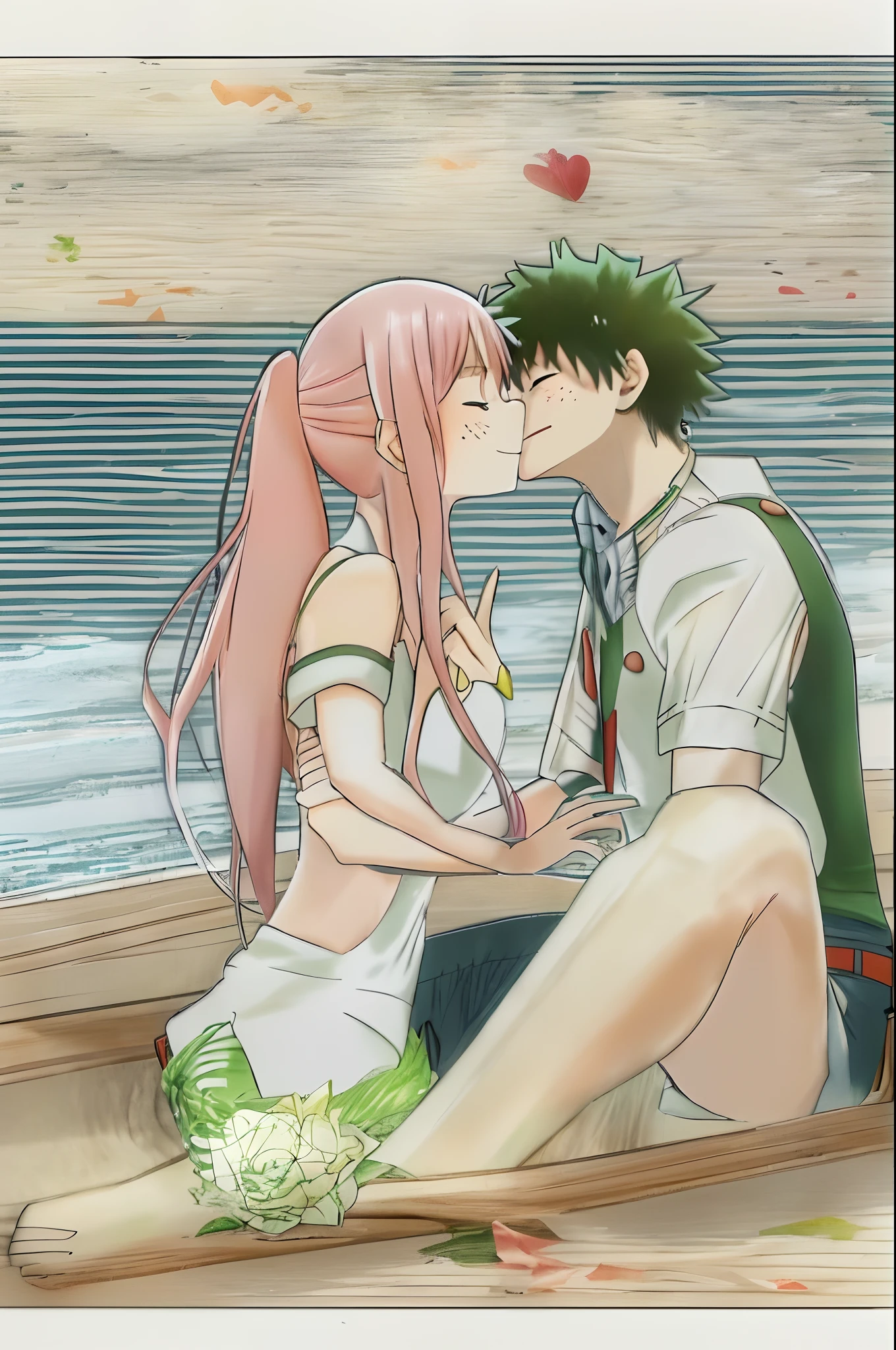 zero two, 1girl, zero two naked_shirt,vest_print:, izuku from bnha, izuku and zero two being a lovey dovey couple very affective in a beach, izuku with pants and pullover, love , happy, ,1girl,, ,sitting, standing, french kiss, kissing, 1boy, couple, husband and wife, happy, romantic kiss, passionated kiss, hug, pregnan zero two
