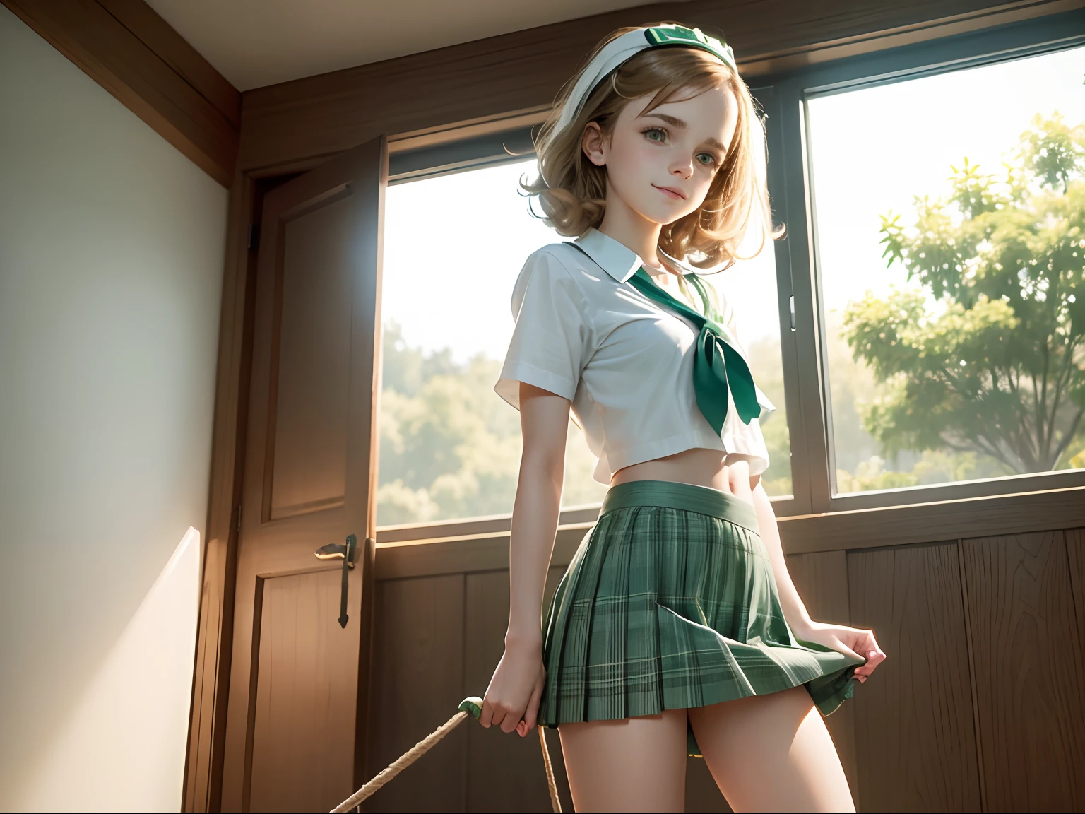 tween Emma Watson in a wearing a high school uniform, shaggy hair, cute smile, white plimsoles. slender body. day. small chest, small boobs, swinging on a rope. White headband, dark green plaid skirt, white blouse, green school tie