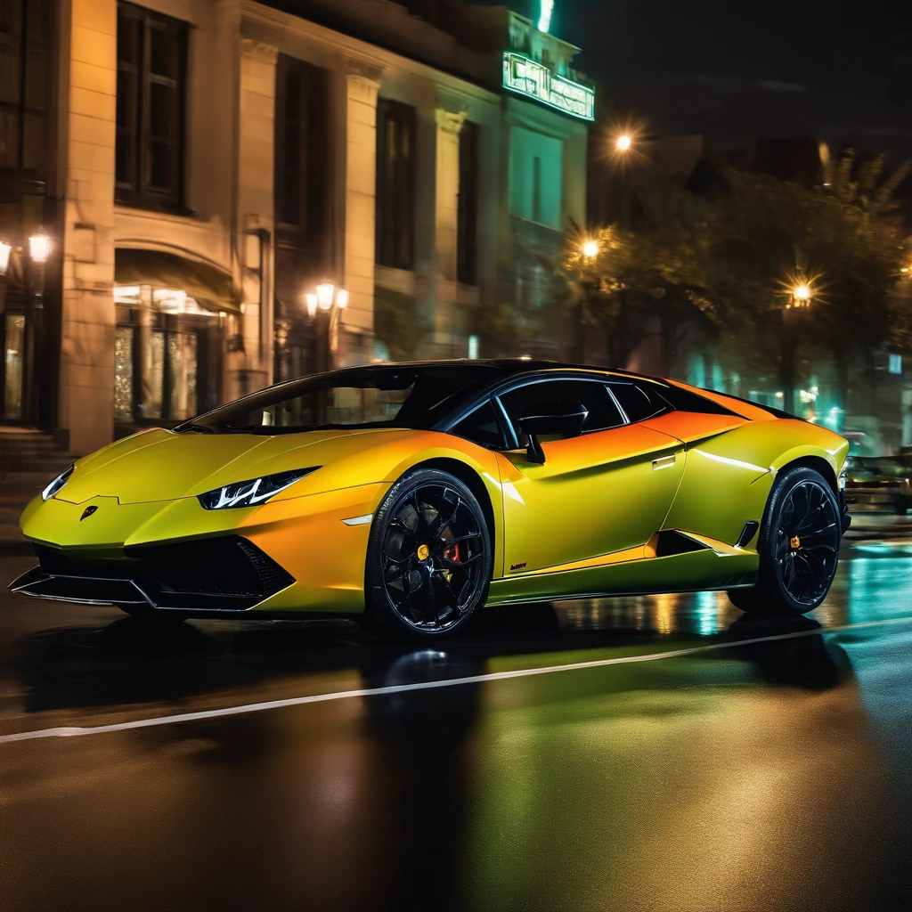 A Lamborghini in a neon-lit city street, glossy black paint reflecting the vibrant colors. Speed, power, and elegance captured in every curve, sparkling headlights piercing the darkness. The sleek lines of the car perfectly accentuated, emphasizing its aerodynamic design. A luxurious interior with plush leather seats and intricate carbon fiber details. The engine roars with a thunderous sound, igniting the excitement in the air. Professional photography capturing the finest details, showcasing the Lamborghini's craftsmanship. The car stands as a masterpiece, embodying the epitome of automotive engineering and innovation. Vibrant and vivid colors enhance the dynamic atmosphere, creating a sense of awe and admiration. The city lights provide a dazzling backdrop, casting surreal reflections on the car's surface. The contrast between the dark shadows and the bright neon lights adds depth and drama to the scene. The overall lighting expresses the energy and intensity of the moment, highlighting the Lamborghini as the focal point.