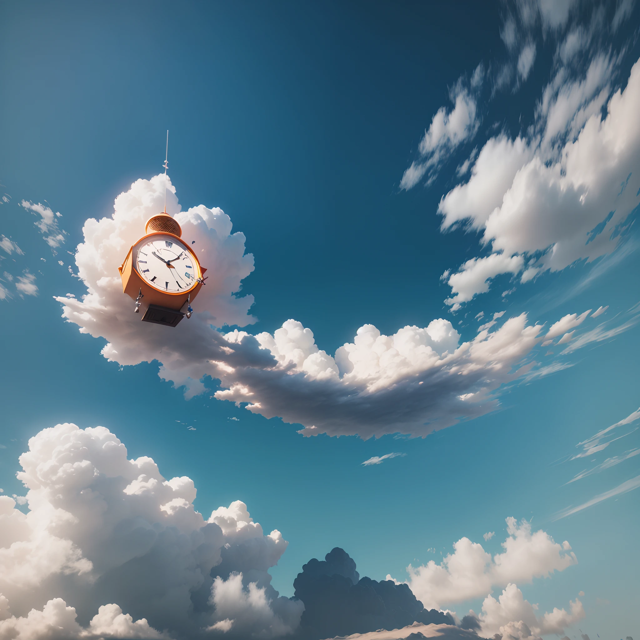 very colorful blue sky with clouds. blue and orange clock slightly overlapped by the clouds filling 1/2 of the image on the right side. 4k. 16:9. 3D rendered --auto --s2