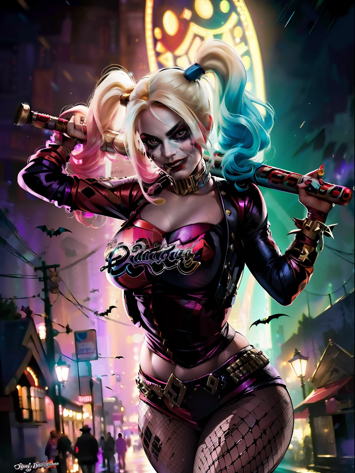 Harley quinn with joker dark aesthetic background at night in her house  in anime version blowing her chewingum on her mouth she is holding a baseball bat in her hand ... She is wearing hot clothes 