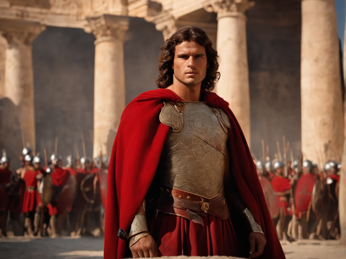 A young full-bodied Gallic warrior (Como Alix de Jacques Martin) com capa vermelha nas costas a passear em roma ao lado de um general romano e soldados romanos com o coliseu romano como fundo