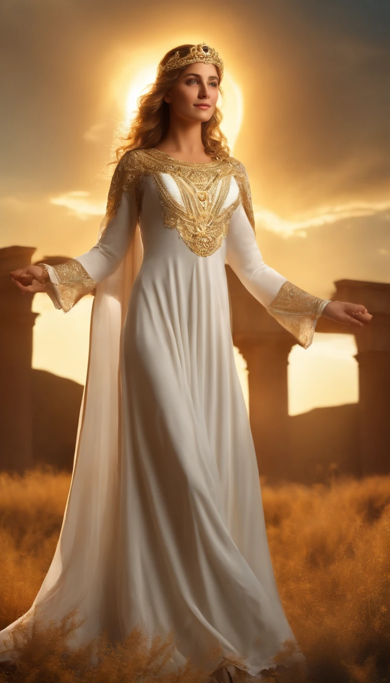 (Numerous award-winning masterpieces, with incredible detail, textures and maximum detail), (hyper realistic:1.4), (realistic:1.3), (upper body up:0.4), (best quality real texture skin), ((greek mythology world)), finely detailed eyes, finely detailed face, (female clergy in white), (female priestess in white), (female godess in white), (female godess), Gentle eyes, (She has a kind smile on her face:1.4), Friendly and girlish face, Gold earrings on the ears, (dramatic photo:1.6), Shining majestic cloud masses and sky, (Mysterious light), (halo optical phenomenon:1.5), (Sacred Light), twilight, sunset, dusk, (Dramatic Light), (A majestic sight), (Her expression is serene full of tenderness and very beautiful), (Noble posture), (golden hair), ((Full-length portrait)), ((looks up)), ((looking at the camera)), (full-body standing image:1.5), (Around her n), she is the goddes of love, in a field of lfowers, white tight dress, curvy body, perfect body, female body, epic realistic, faded, art, (Greg rutkowski:0.8), (teal and orange:0.4), (art station:1.5), cinematic, ((neutral colors)), (hdr:1.5), (muted colors:1.2), hyper detailed, dramatic light, (intricate details:1.1), complex background,