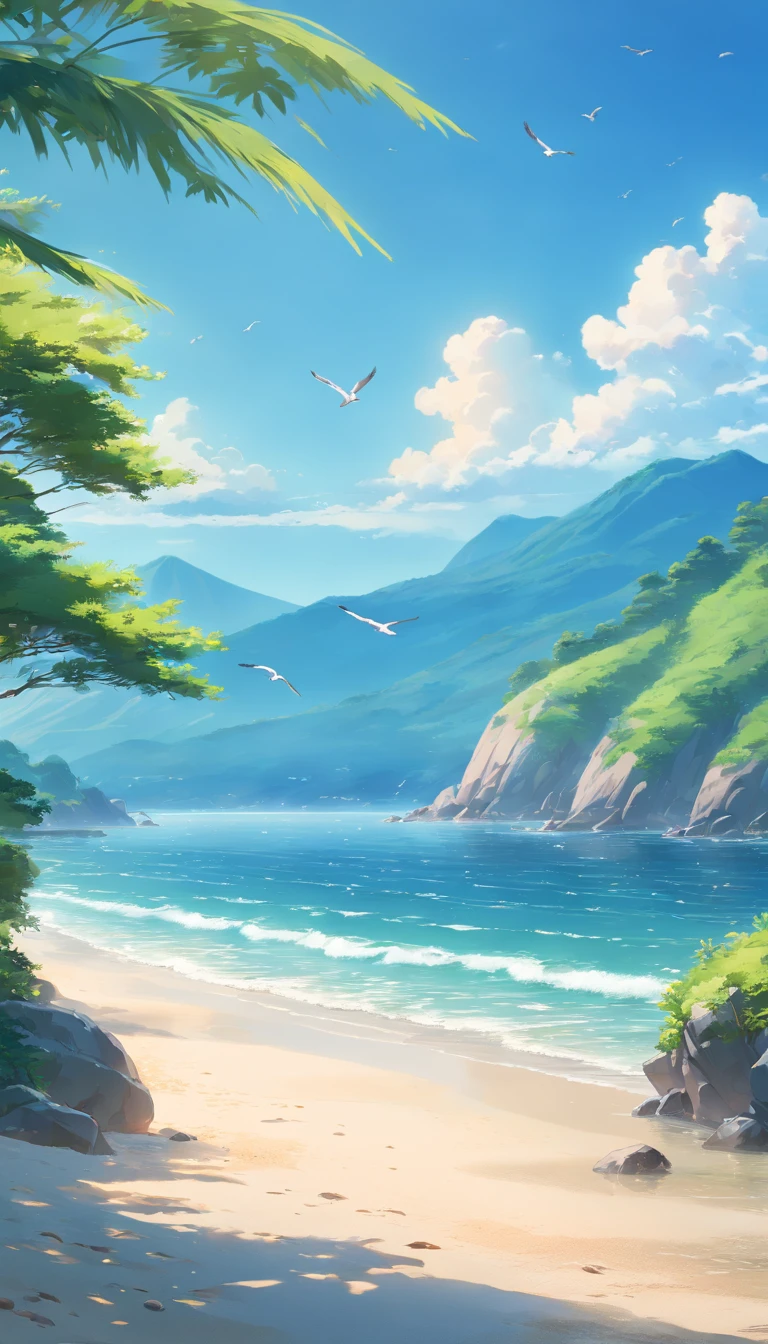 (best quality,4k,8k,highres,masterpiece:1.2),ultra-detailed,(realistic,photorealistic,photo-realistic:1.37),blue-sky,baiyun,Birds in the distance,the sea,Expansive picture,Faraway view,landscape,ocean waves,peaceful,tranquil,fresh air,serene atmosphere,soft sunlight,subtle breeze,sandy beach,seagulls flying,scenic beauty,endless horizon,vibrant colors,sky reflection on the sea surface,lush greenery,trees swaying,mountains in the background,splendid beauty of nature,harmony between land and sea,relaxing environment