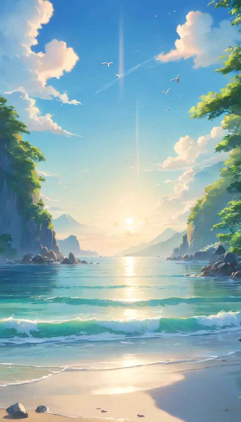 (best quality,4k,8k,highres,masterpiece:1.2),ultra-detailed,(realistic,photorealistic,photo-realistic:1.37),blue-sky,baiyun,Birds in the distance,the sea,Expansive picture,Faraway view,landscape,ocean waves,peaceful,tranquil,fresh air,serene atmosphere,soft sunlight,subtle breeze,sandy beach,seagulls flying,scenic beauty,endless horizon,vibrant colors,sky reflection on the sea surface,lush greenery,trees swaying,mountains in the background,splendid beauty of nature,harmony between land and sea,relaxing environment