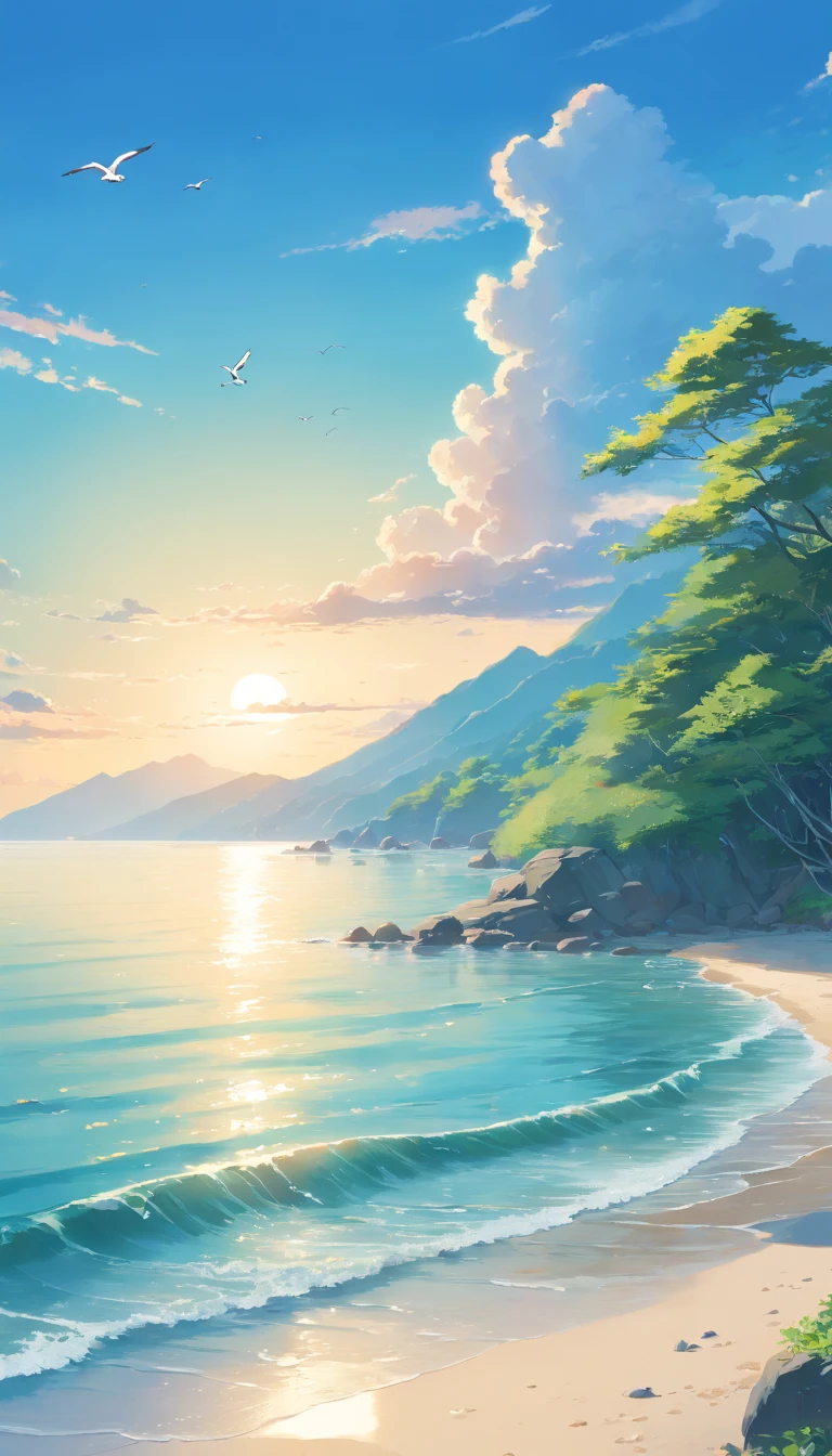 (best quality,4k,8k,highres,masterpiece:1.2),ultra-detailed,(realistic,photorealistic,photo-realistic:1.37),blue-sky,baiyun,Birds in the distance,the sea,Expansive picture,Faraway view,landscape,ocean waves,peaceful,tranquil,fresh air,serene atmosphere,soft sunlight,subtle breeze,sandy beach,seagulls flying,scenic beauty,endless horizon,vibrant colors,sky reflection on the sea surface,lush greenery,trees swaying,mountains in the background,splendid beauty of nature,harmony between land and sea,relaxing environment