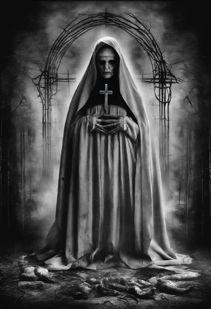 create this black and white image of the nun Ines with her heart exposed at the foot of the cross