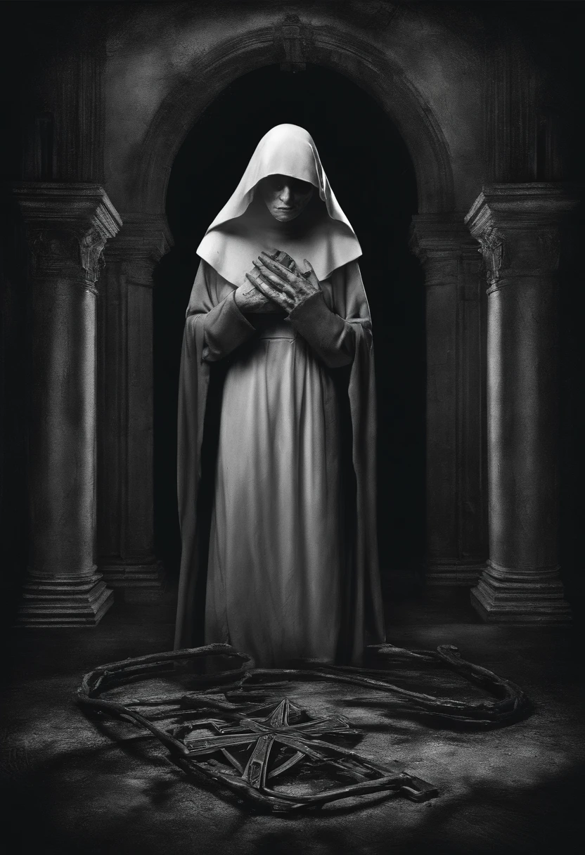 create this black and white image of the nun Ines with her heart exposed at the foot of the cross