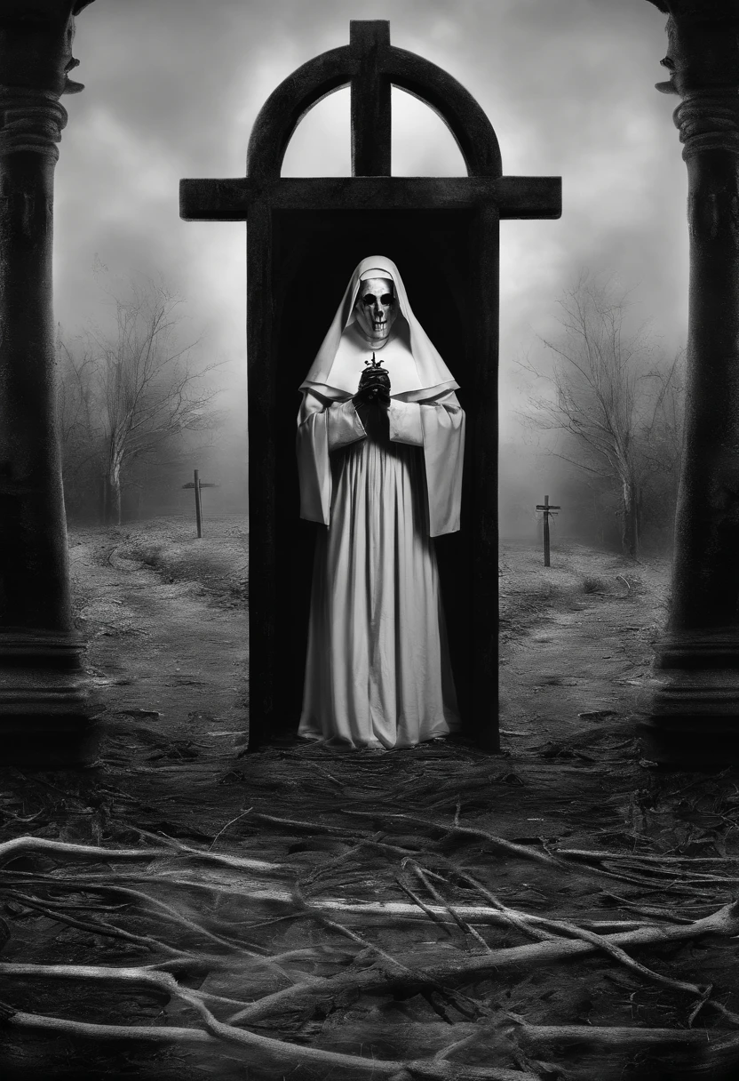 create this black and white image of the nun Ines with her heart exposed at the foot of the cross