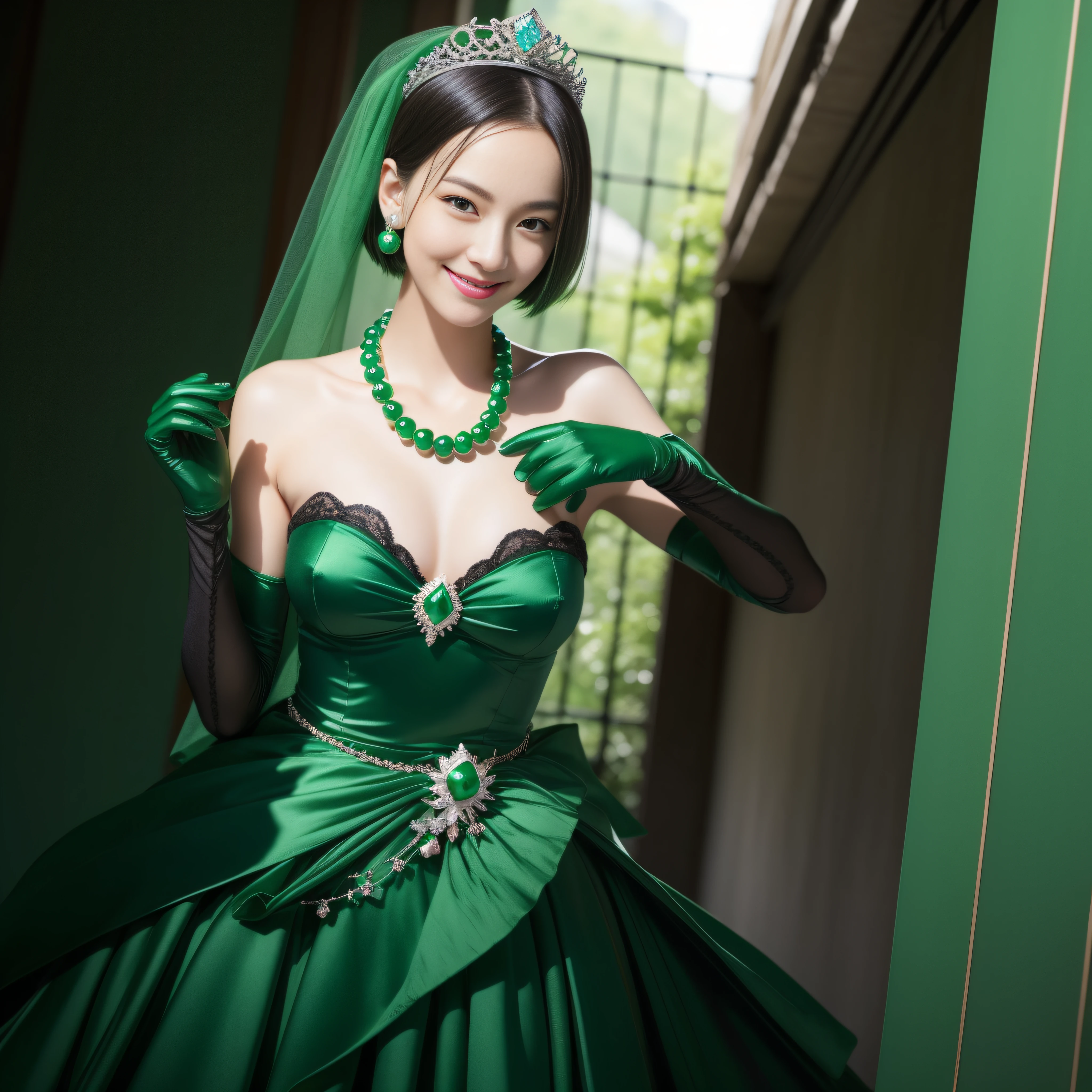 emerald tiara, Green Pearl Necklace, Boyish very short black hair, lipsticks, Japan woman smiling, very short short hair, big breasts beautiful, Green eyes, Long green gloves made of satin material, Green eyes