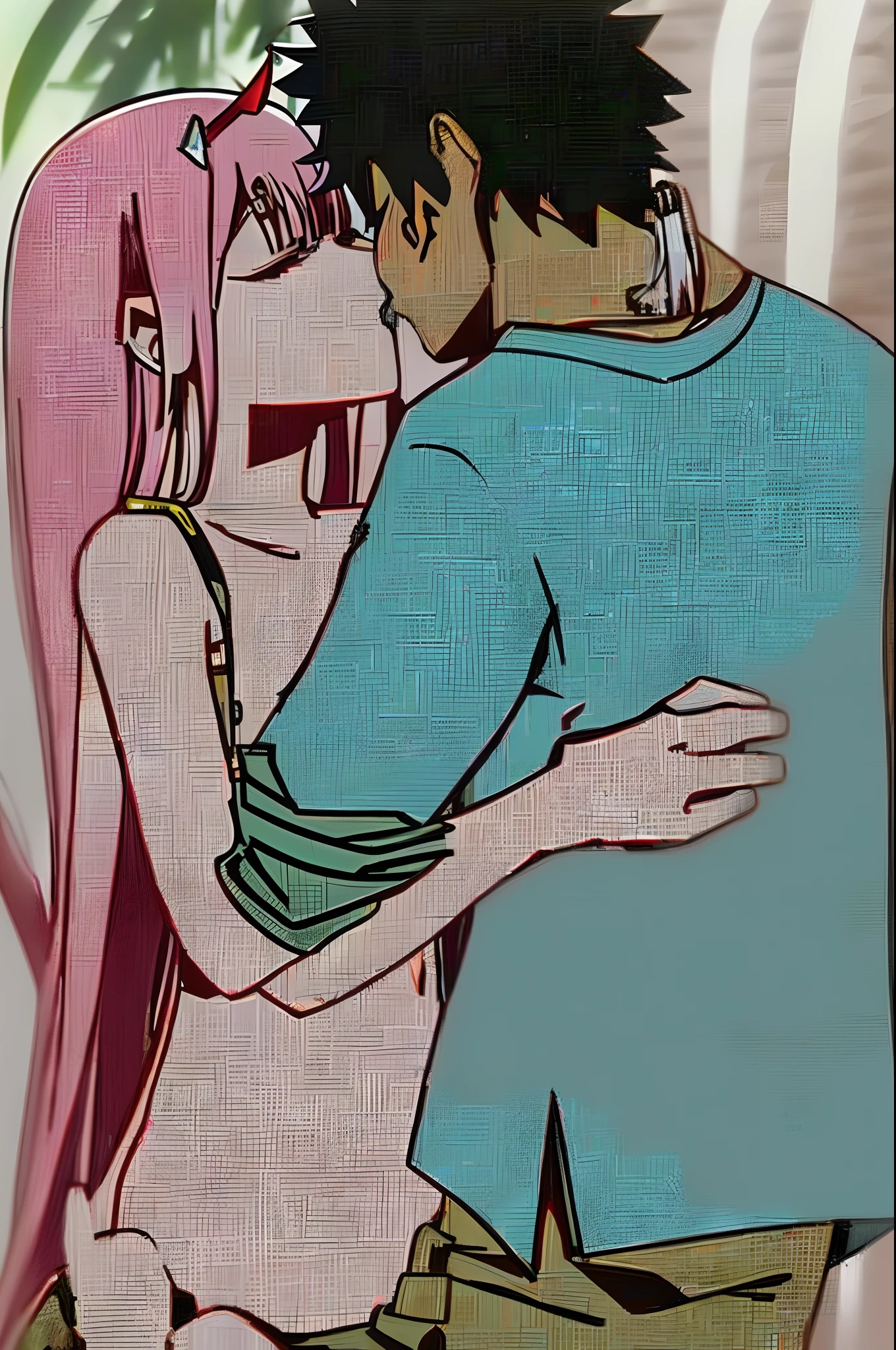 zero two, 1girl, zero two naked_shirt,vest_print:, izuku from bnha, izuku and zero two being a lovey dovey couple very affective in a beach, izuku with pants and pullover, love , happy, ,1girl,, ,sitting, standing, french kiss, kissing, 1boy, couple, husband and wife, happy, romantic kiss, passionated kiss, hug, pregnan zero two