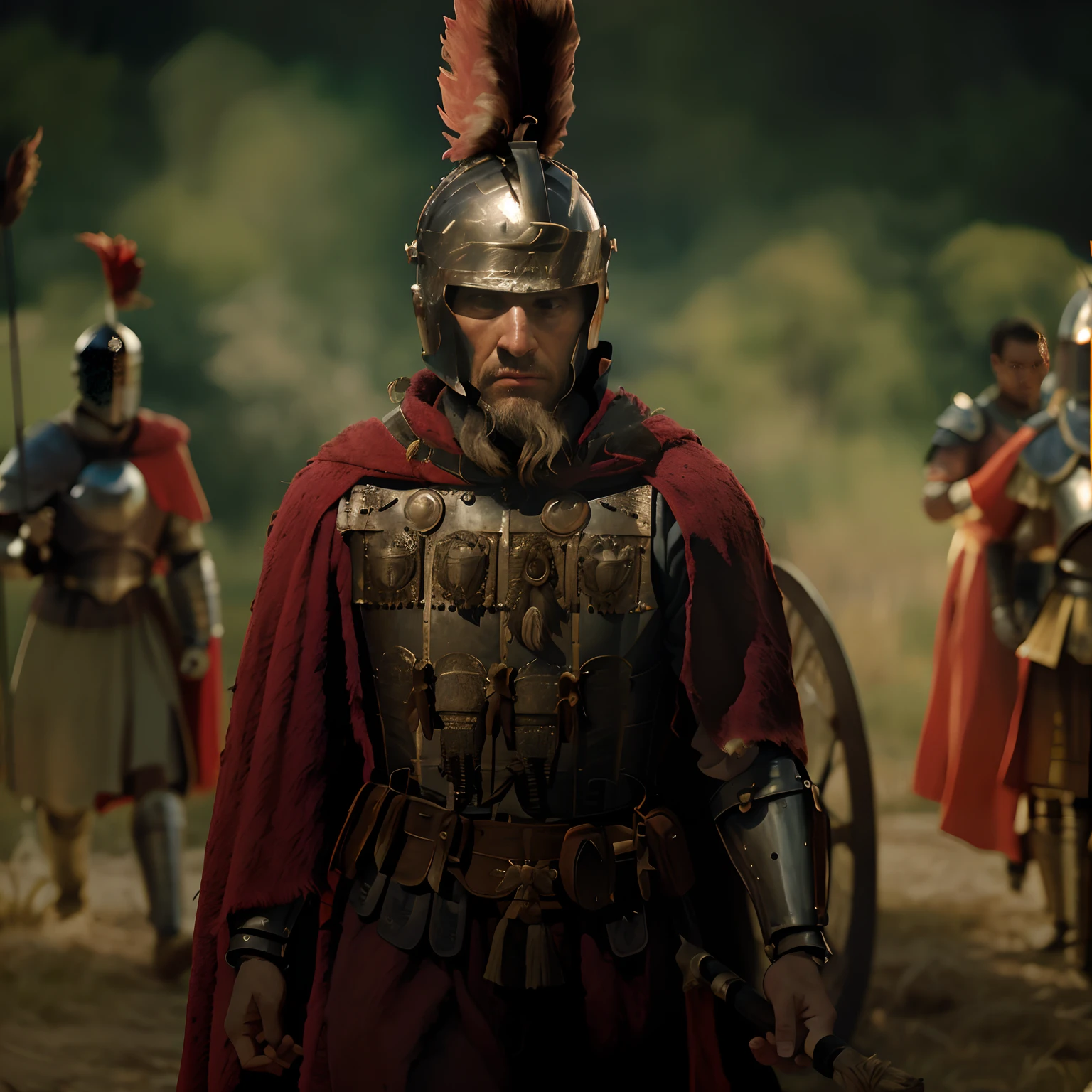 There are many men dressed in Roman armor standing in a field, vestido com armadura romana, vestidos com roupas romanas, levando espartanos para a batalha, roman centurion, Soldado antigo, Roman legionary, Imperador Romano, vestido com armadura espartana, maximus jacobs, inspirado em Roman Bezpalkiv, Armadura romana tradicional, gladiador romano, wearing ancient cimmerian armor